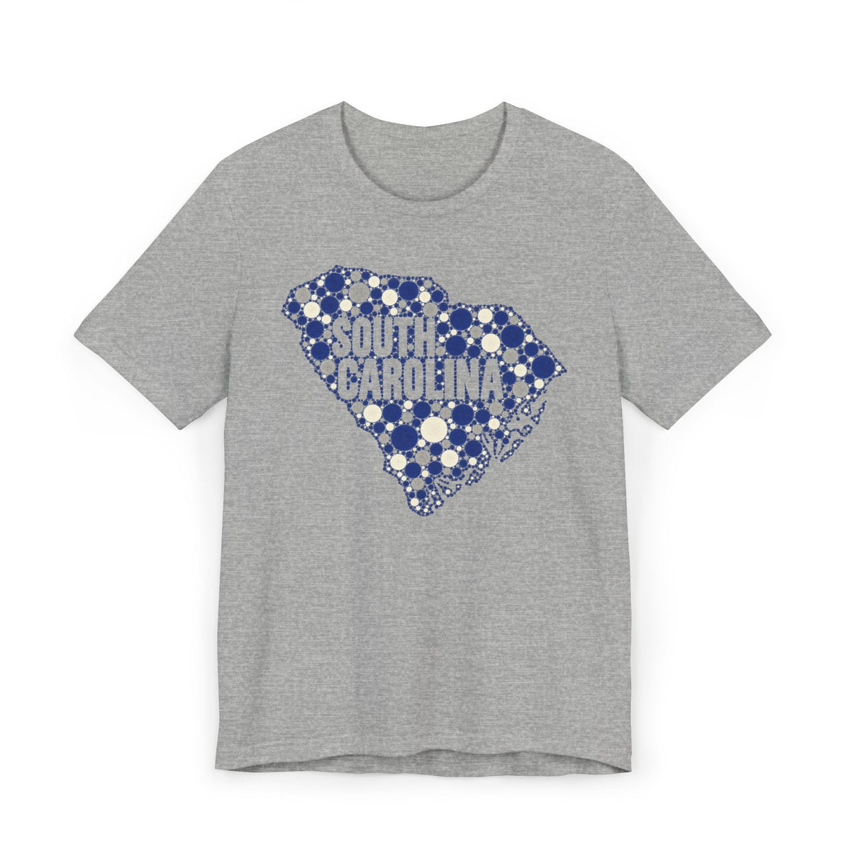 Heather gray T-shirt with blue dotted South Carolina outline and “South Carolina” text