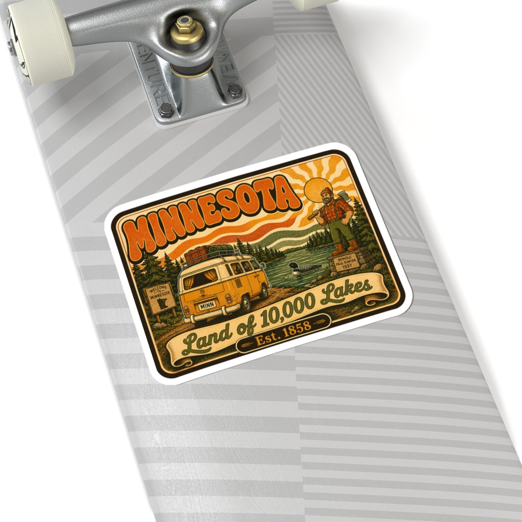 Minnesota retro camper van kiss-cut sticker on light gray surface