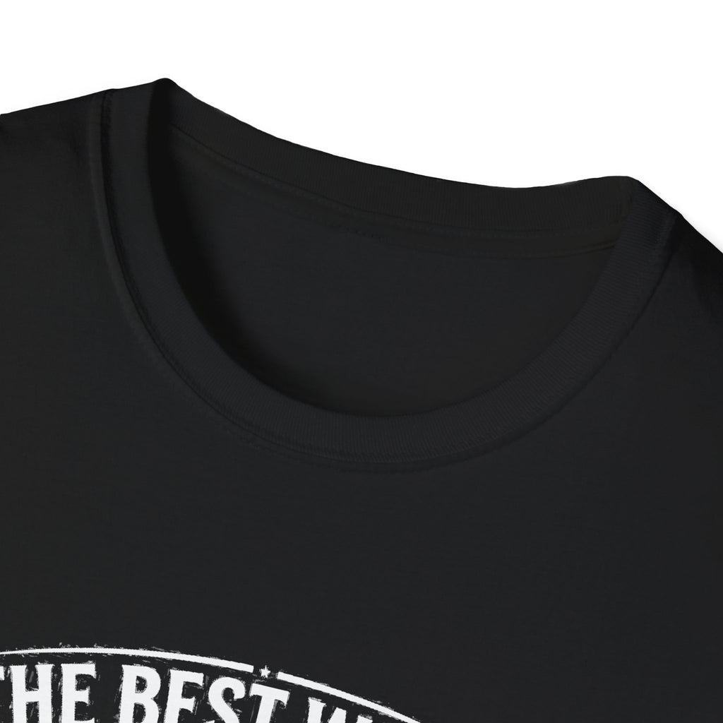 Black T-shirt collar close-up with partial white quote print