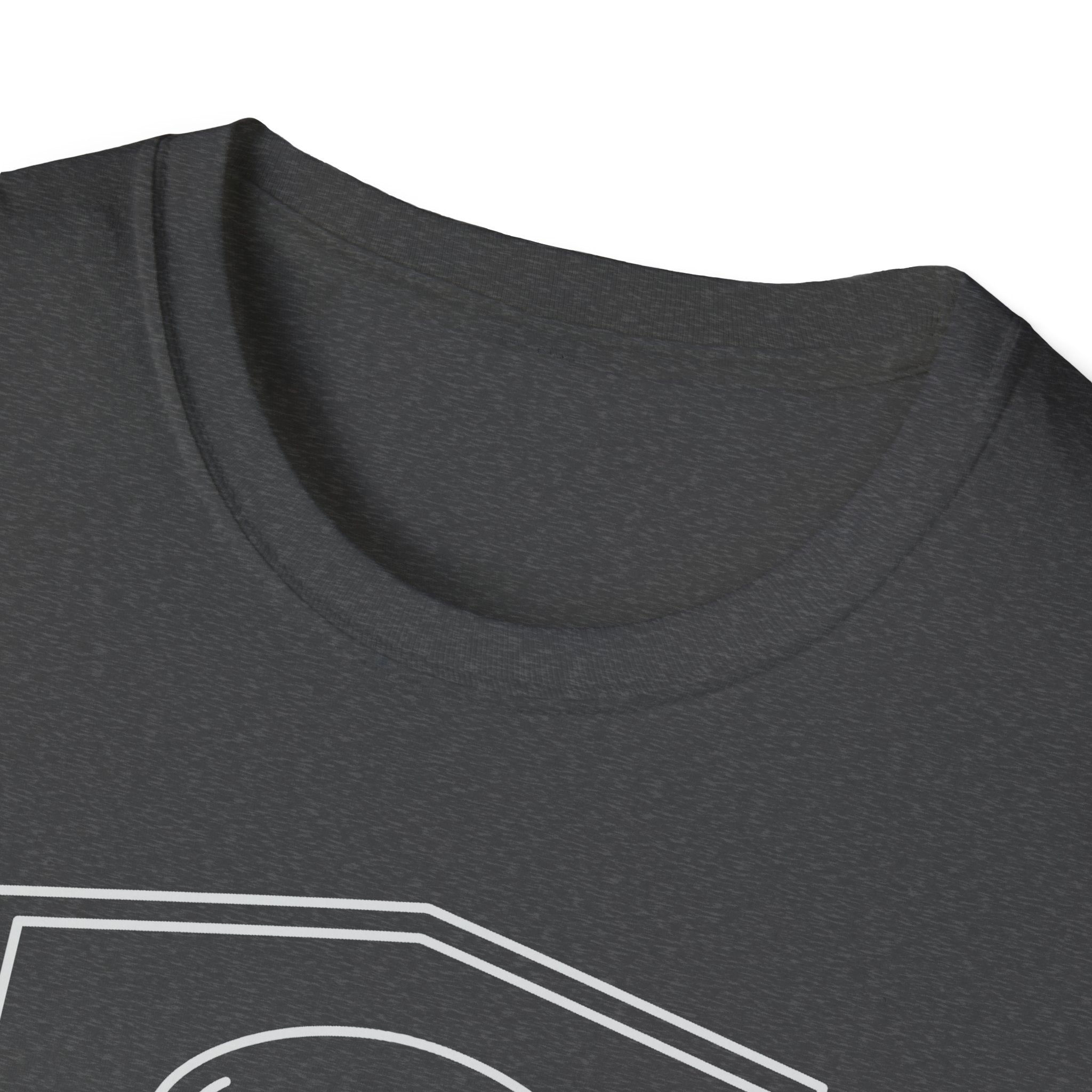 Dark gray t-shirt neckline and shoulder with partial graphic print