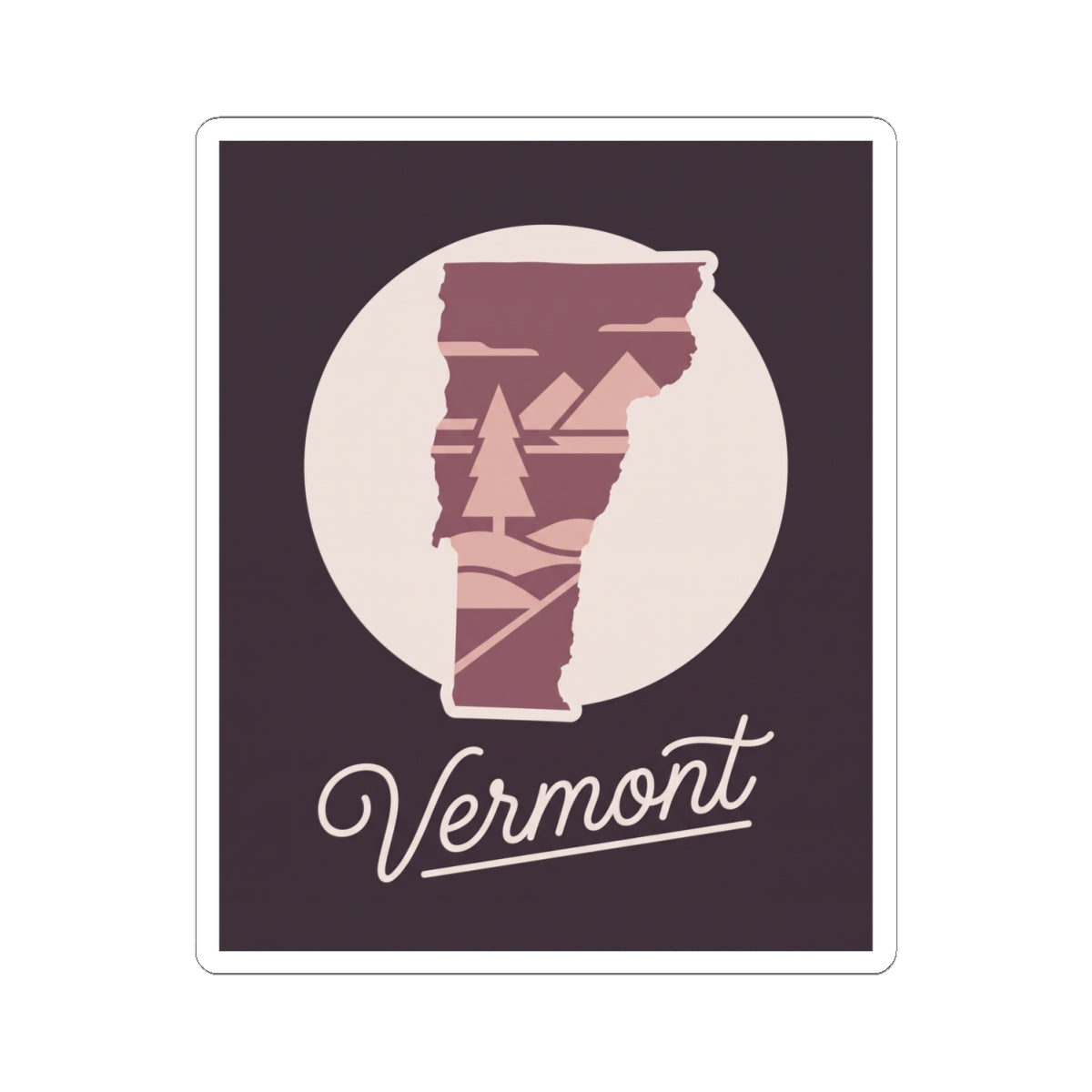 Vermont state silhouette kiss-cut decal in maroon with 'Vermont' script and beige circle