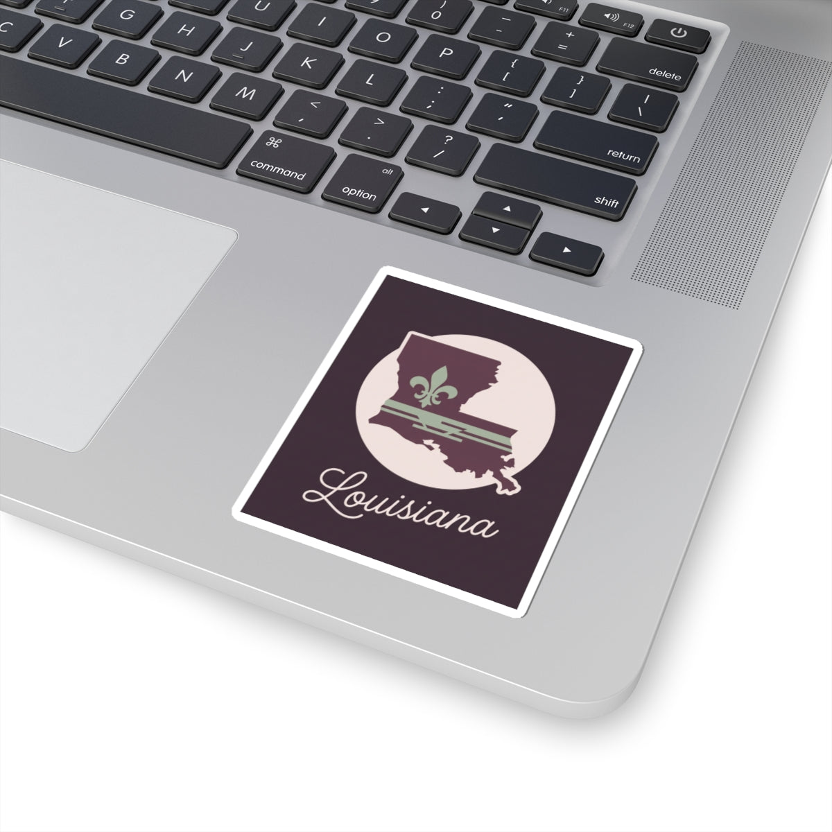 Louisiana silhouette vinyl sticker on laptop lid, mauve design with white circle