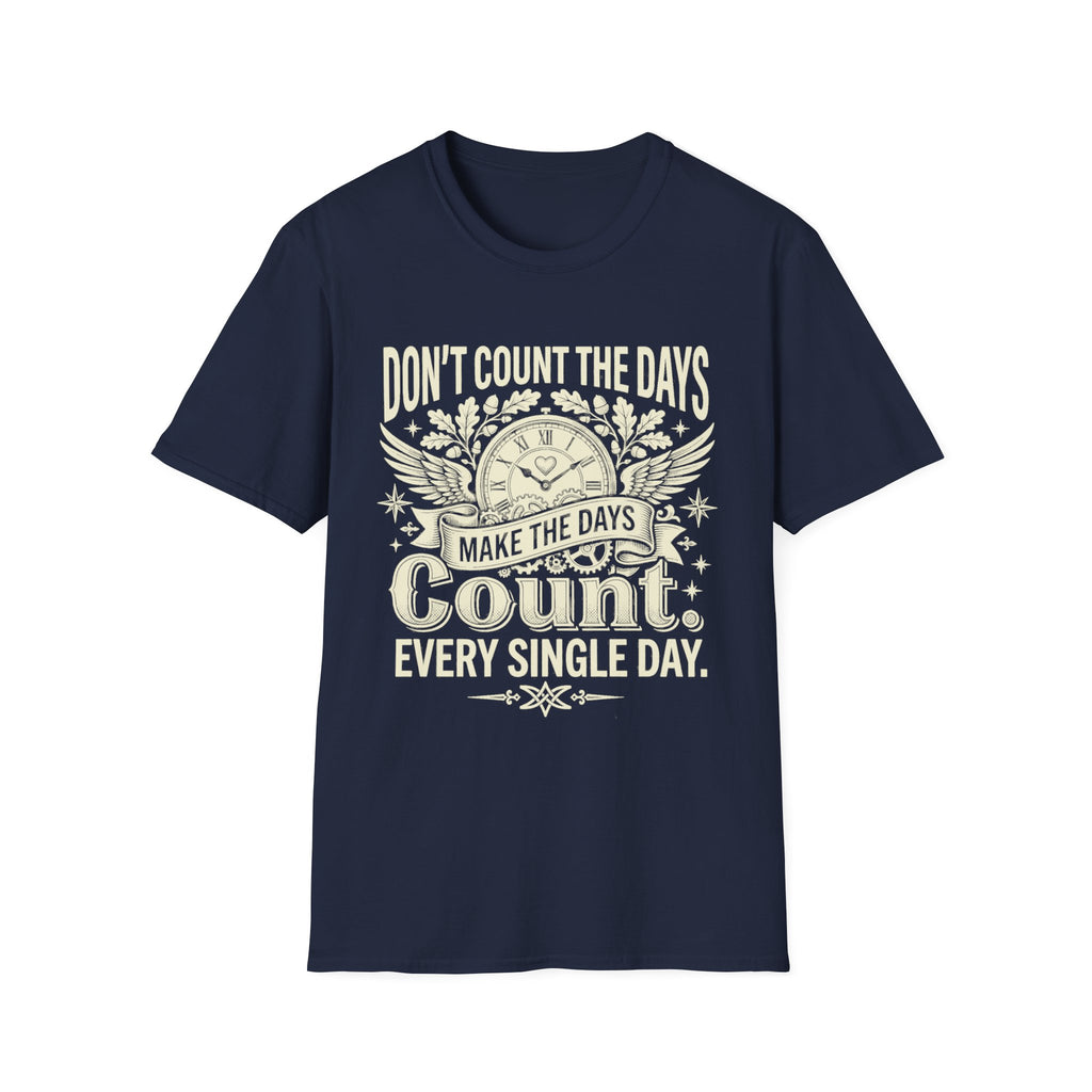 Navy graphic quote T-shirt with clock and wings: “Don't count the days, make the days count”