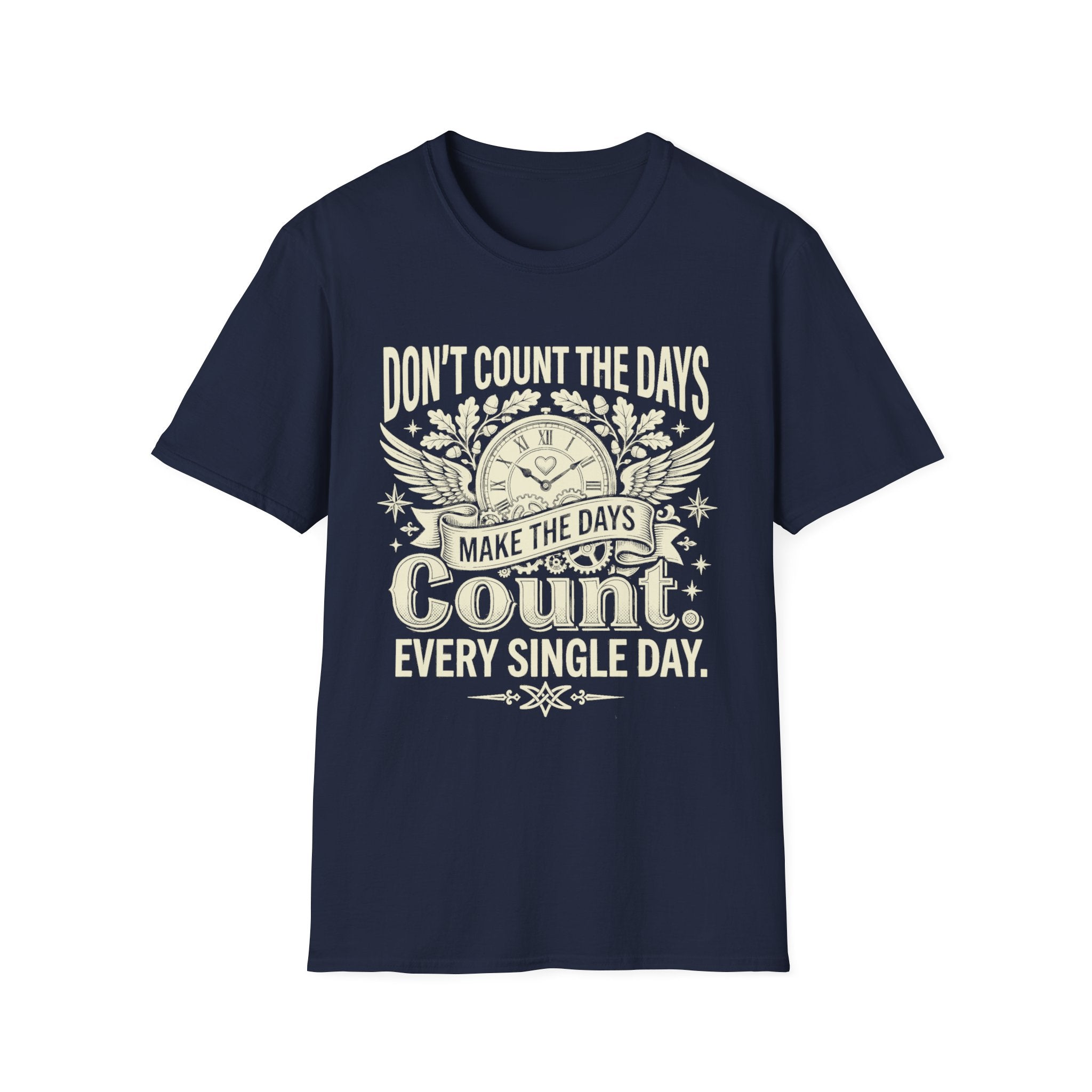 Navy graphic quote T-shirt with clock and wings: “Don't count the days, make the days count”