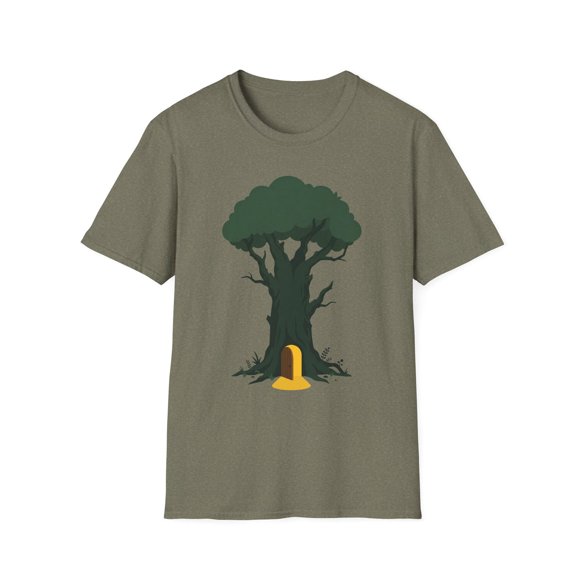 Olive green crew-neck T-shirt with tree and yellow door graphic on front.