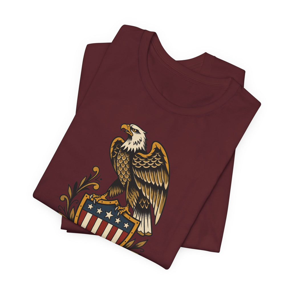 Dark red T-shirt with vintage eagle and shield graphic on the front