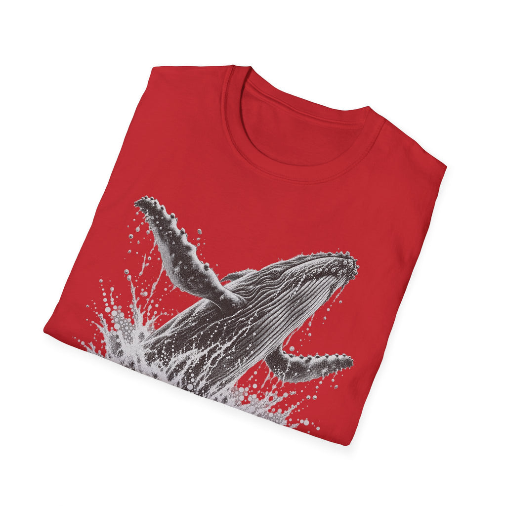 Red crew-neck T-shirt featuring a breaching humpback whale with splash details