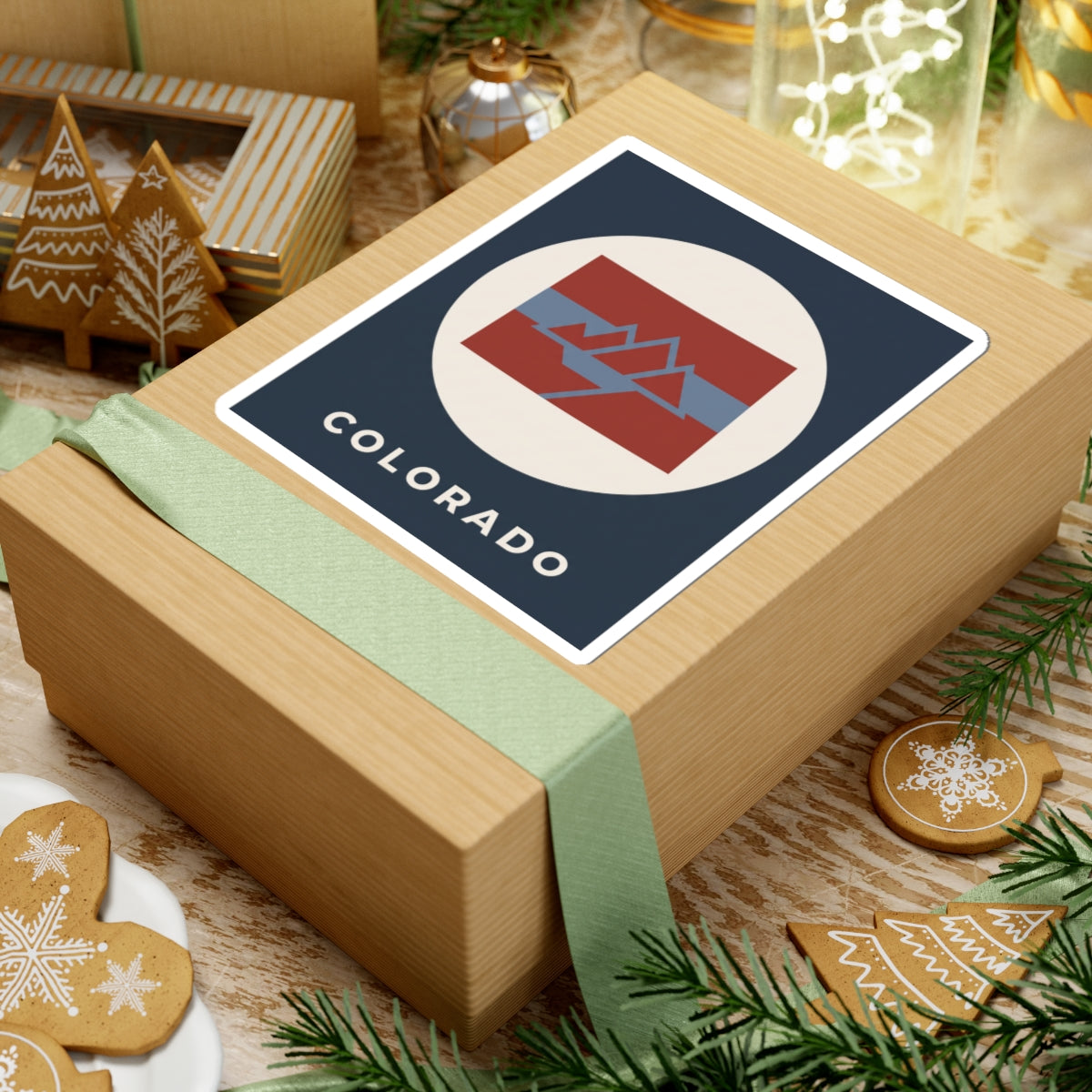 Square sticker with rounded corners, centered mountain badge, and 'COLORADO' text