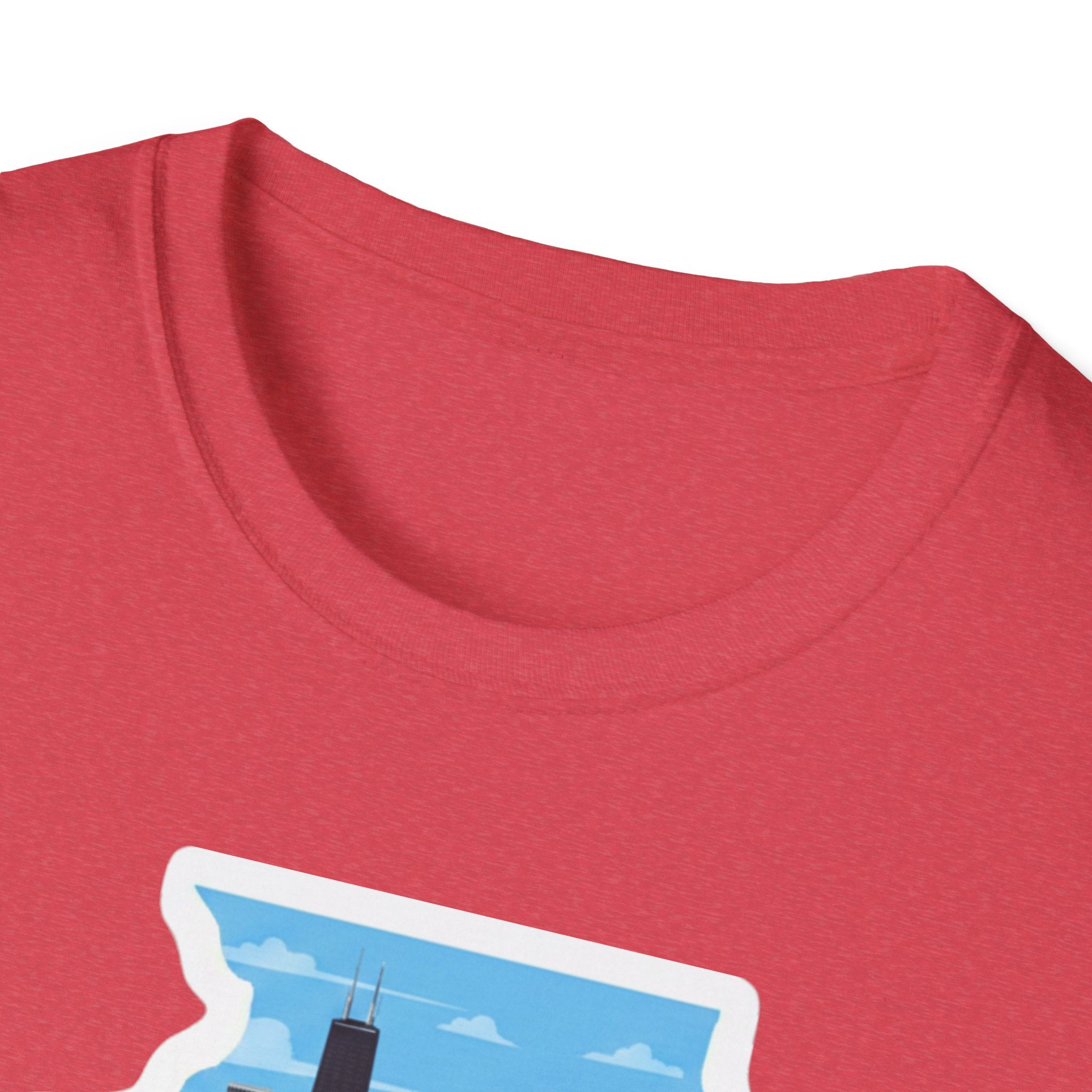 Red heather T-shirt neckline close-up with partial "I am Illinois" graphic