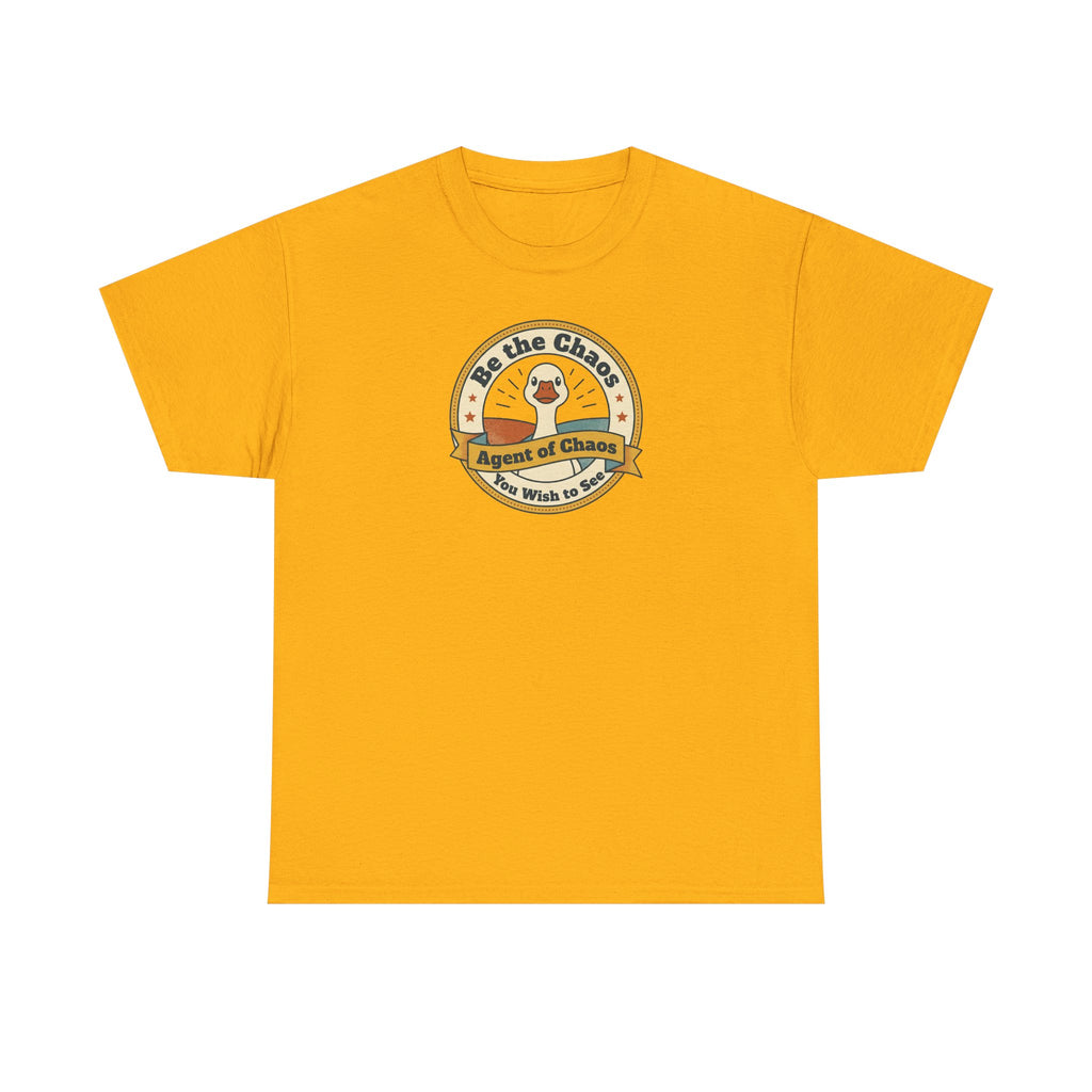Orange crew-neck T-shirt with circular duck emblem graphic on the chest