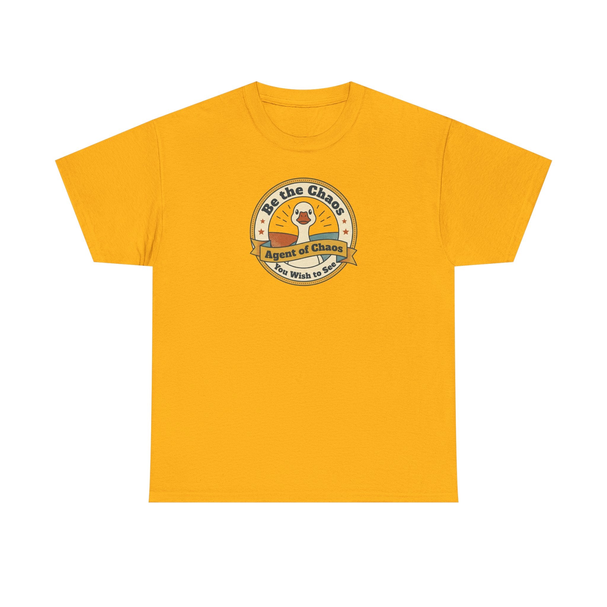Orange crew-neck T-shirt with circular duck emblem graphic on the chest