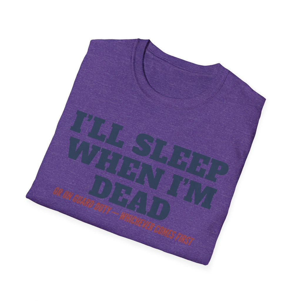 Purple T-shirt with “I'LL SLEEP WHEN I'M DEAD” blue and red graphic text
