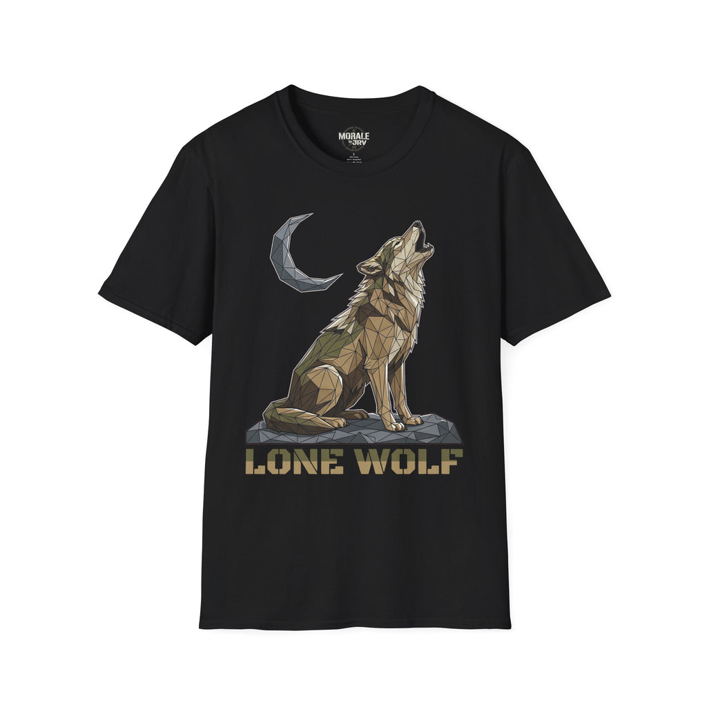 Black T-shirt with geometric wolf howling, moon icon, and “LONE WOLF” text