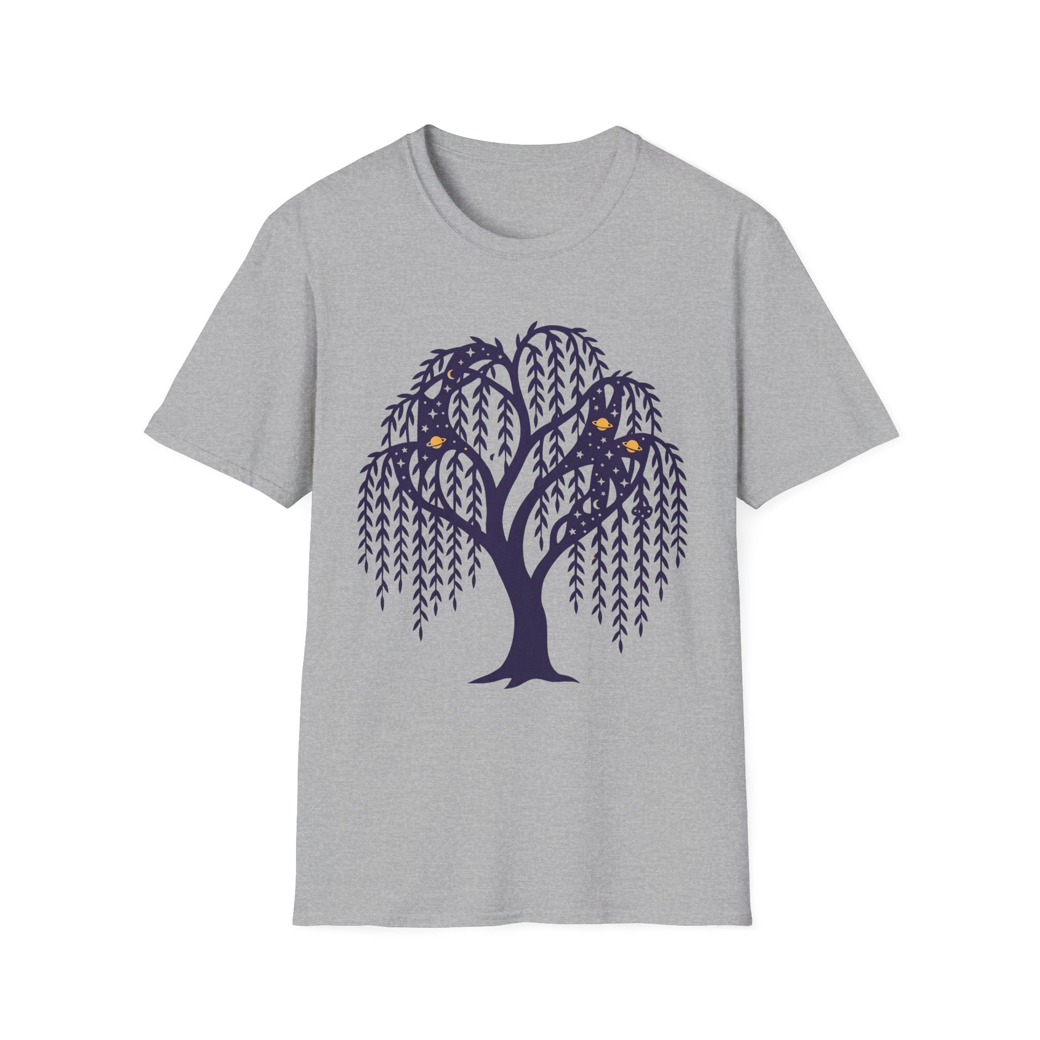 Light gray T-shirt featuring dark blue weeping willow night owl graphic