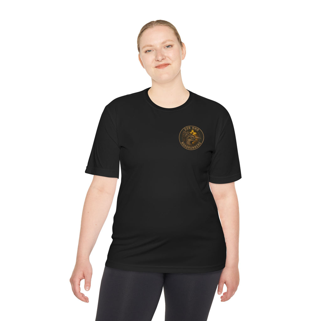 Black crewneck T-shirt with round chest emblem, short sleeves