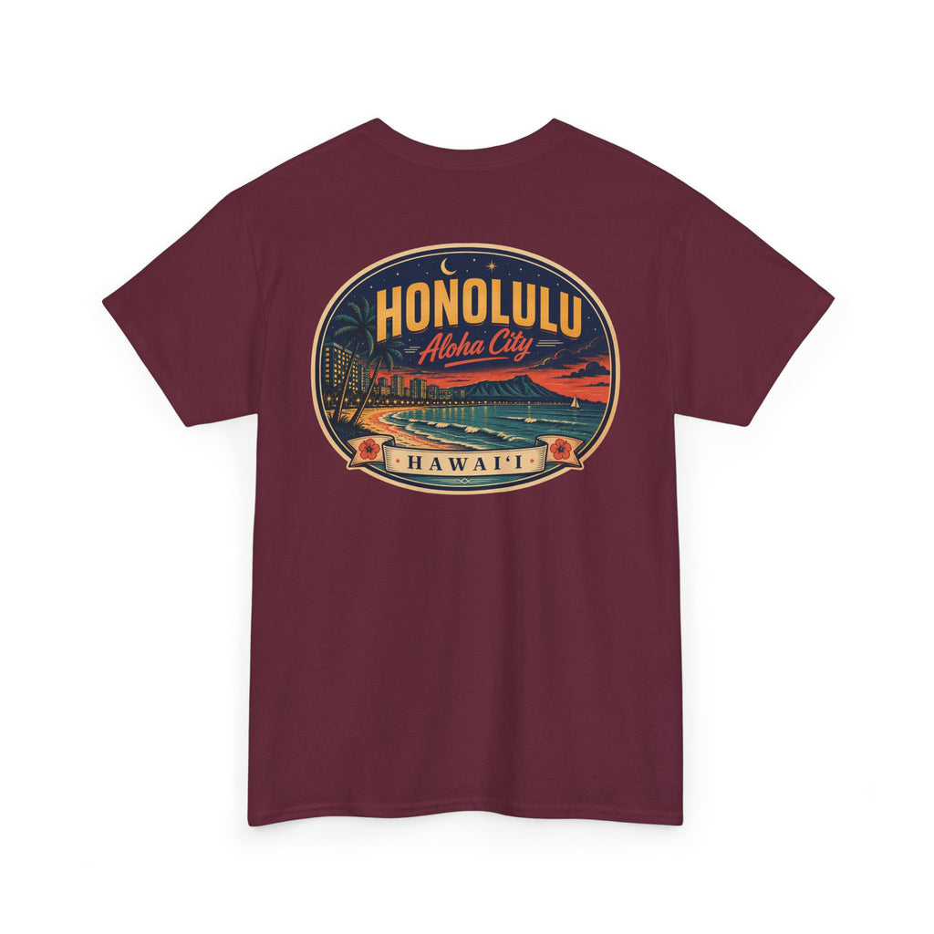 Maroon T-shirt with circular HONOLULU Aloha City graphic on front