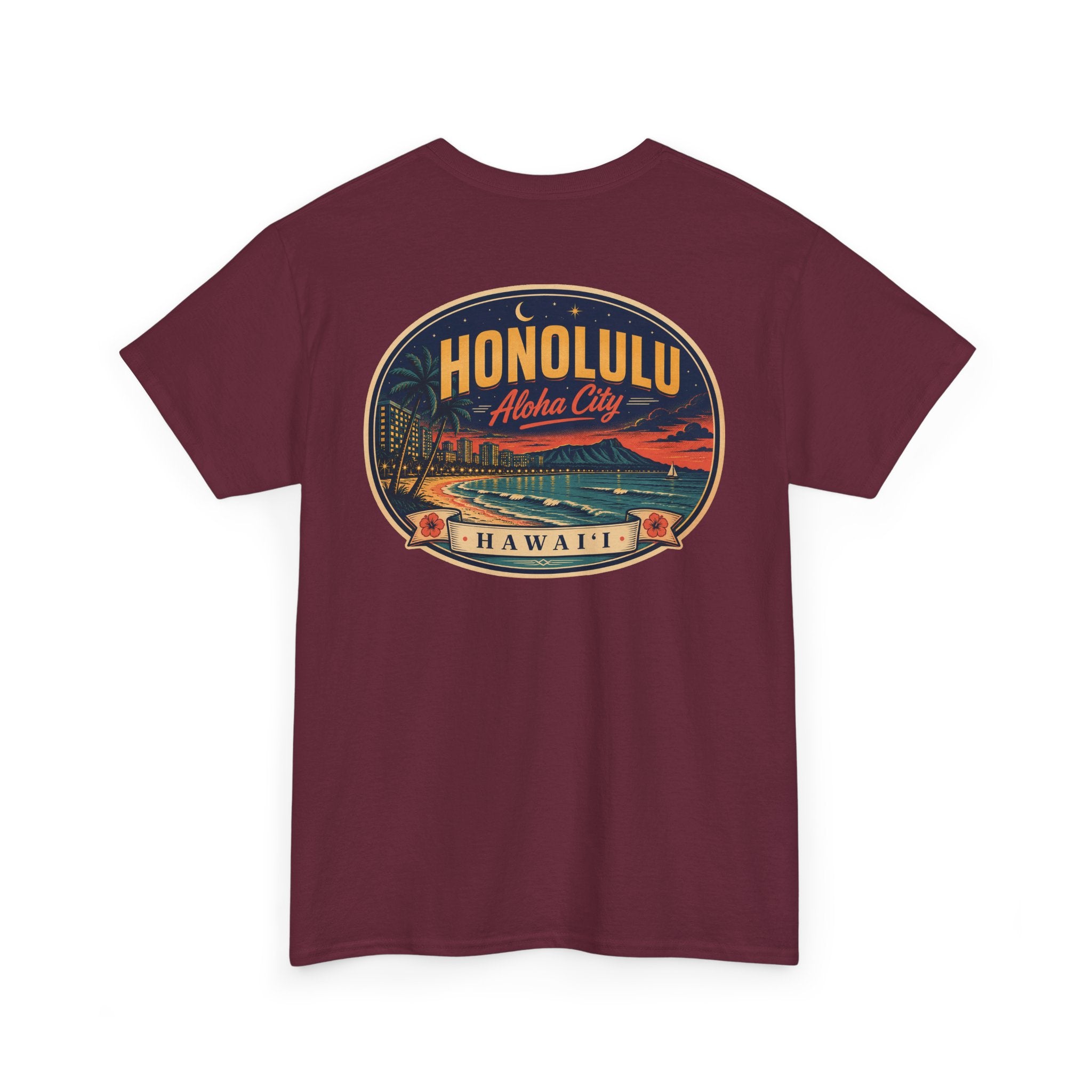 Maroon T-shirt with circular HONOLULU Aloha City graphic on front