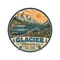 Round Glacier Montana style sticker with landscape artwork and outlined white border