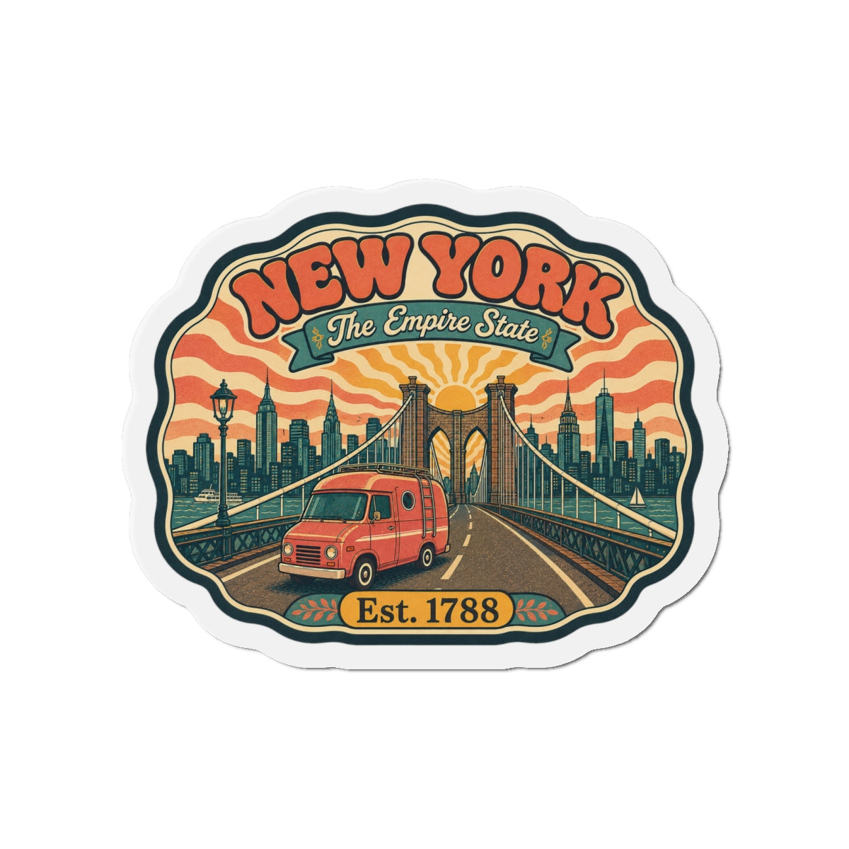 Die-cut New York skyline magnet with red van, bridge view, and “Est. 1788”