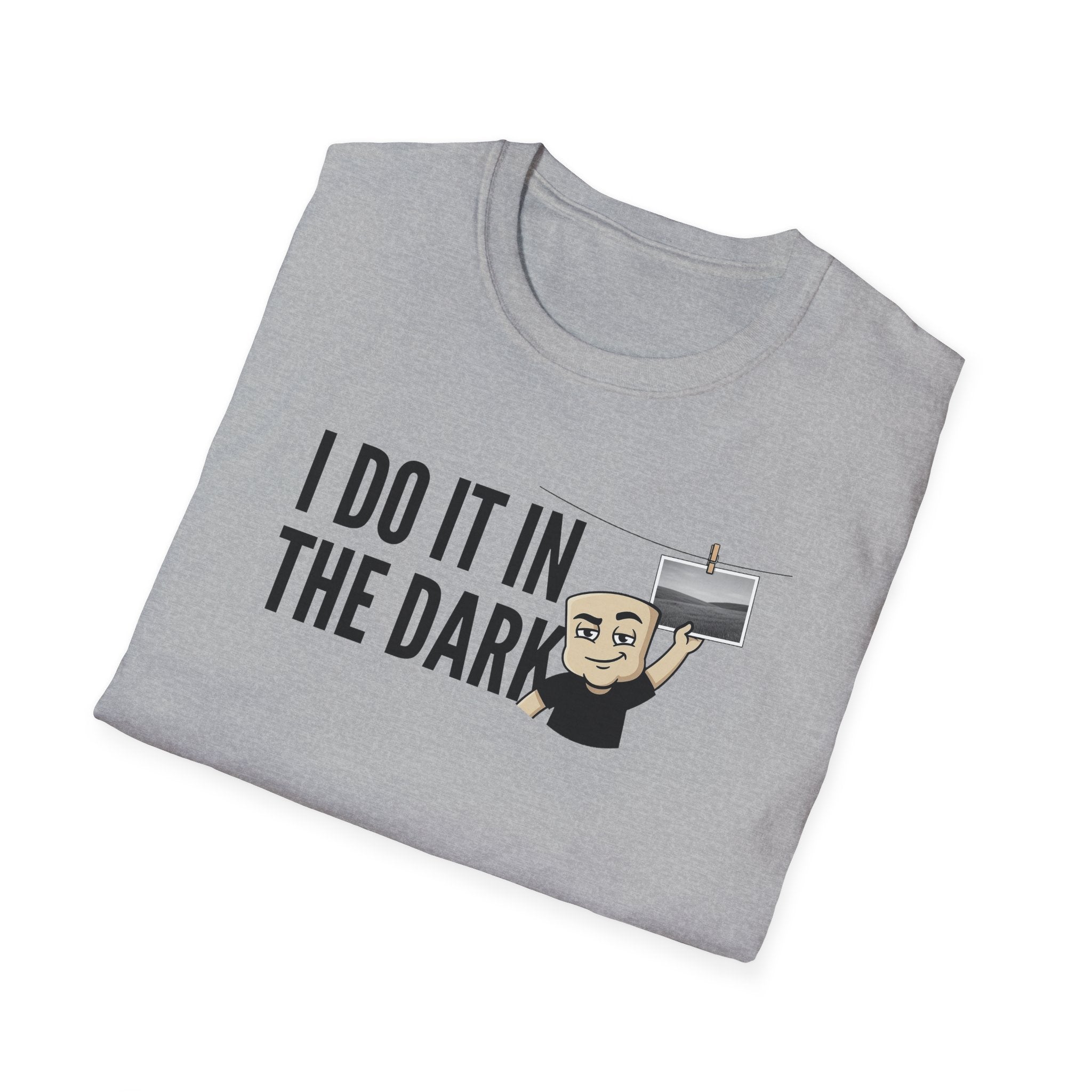 Heather gray T-shirt with 'I Do It In The Dark' graphic and photographer face