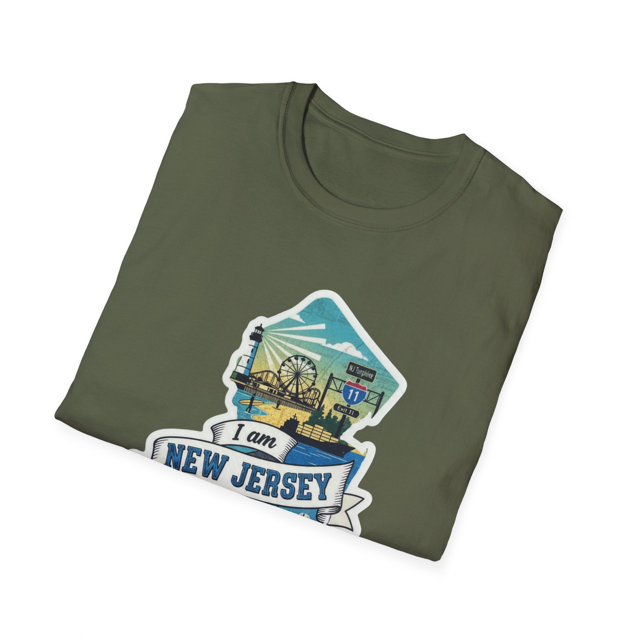Olive green T-shirt with New Jersey skyline graphic print on chest
