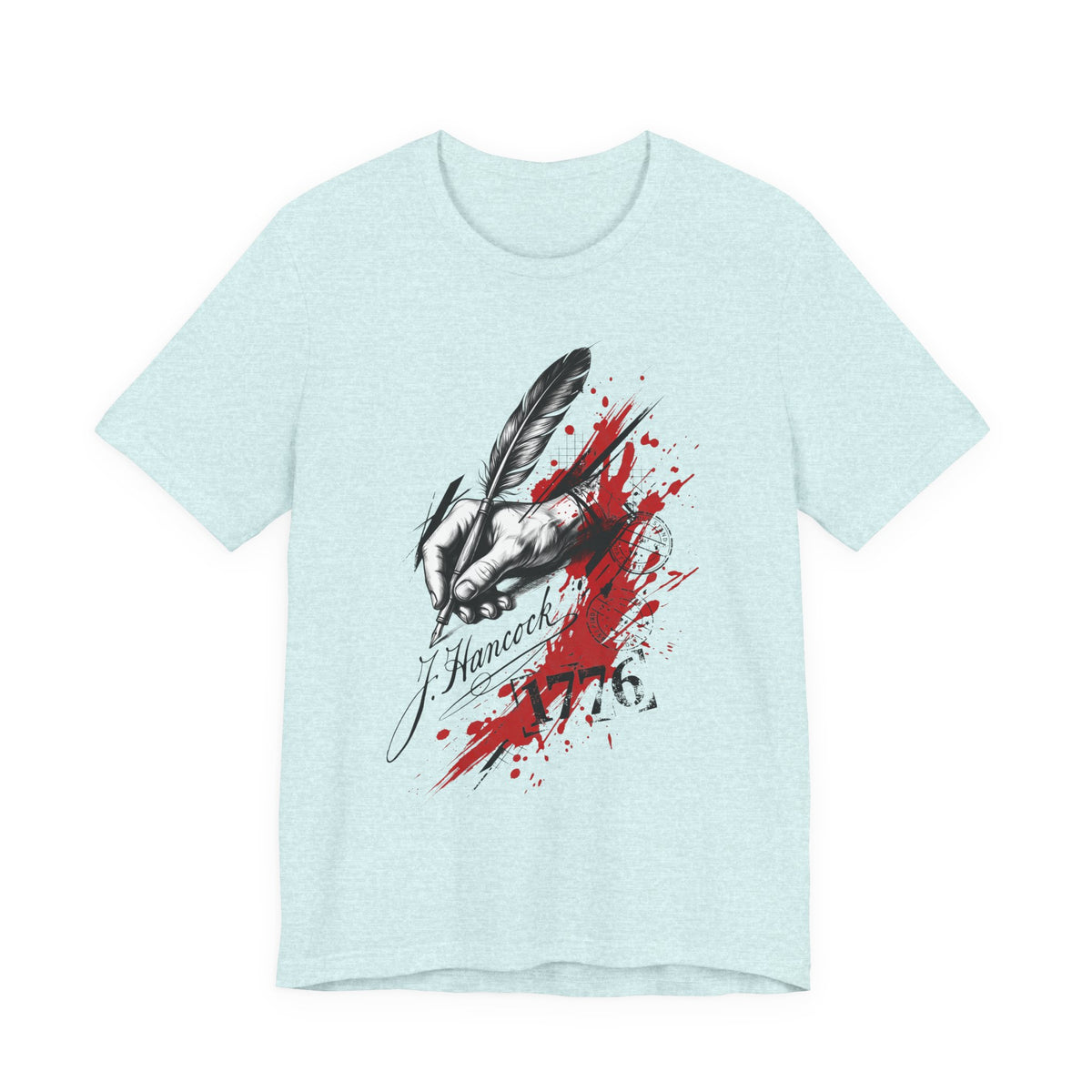 Light blue T-shirt with feather-and-hand graphic and red ink splash on front