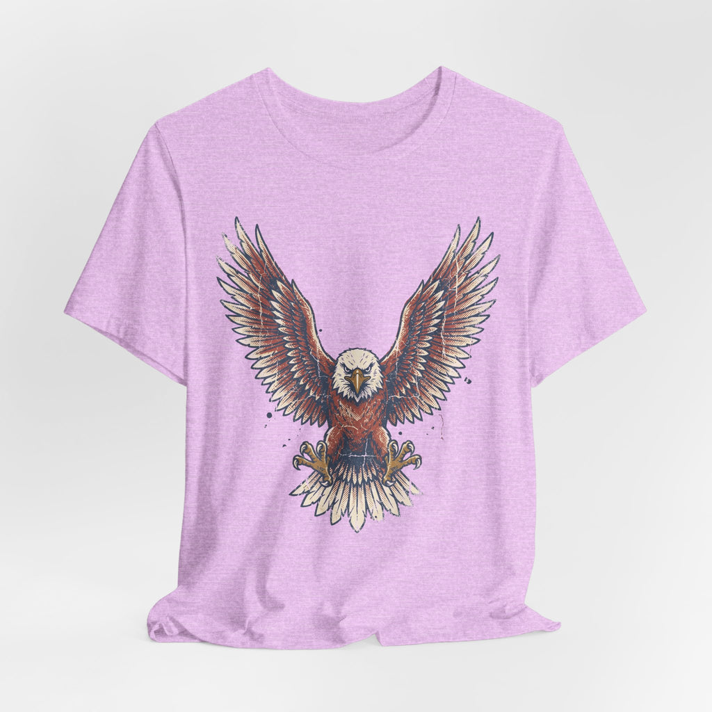 Lilac short-sleeve crewneck T-shirt featuring centered soaring bald eagle graphic.
