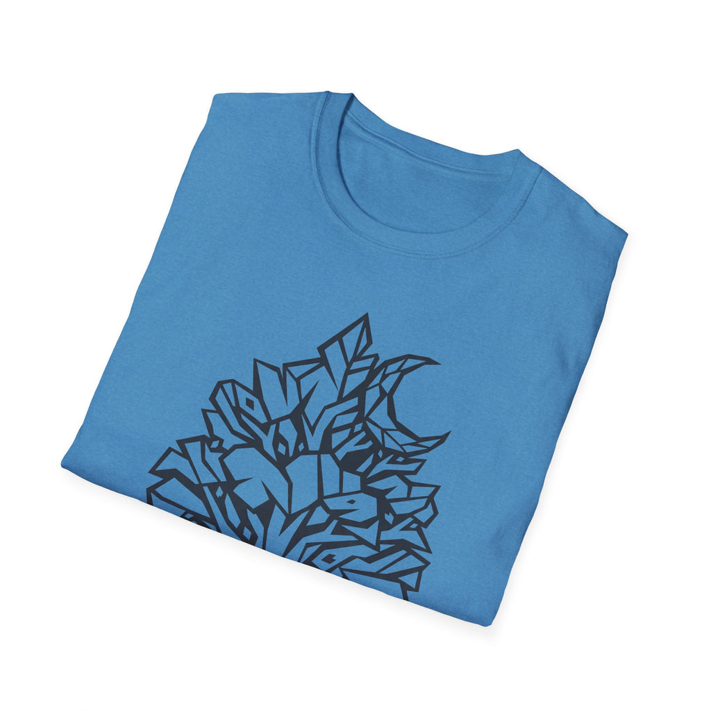 Blue T-shirt with geometric tree and moon botanical line-art graphic print