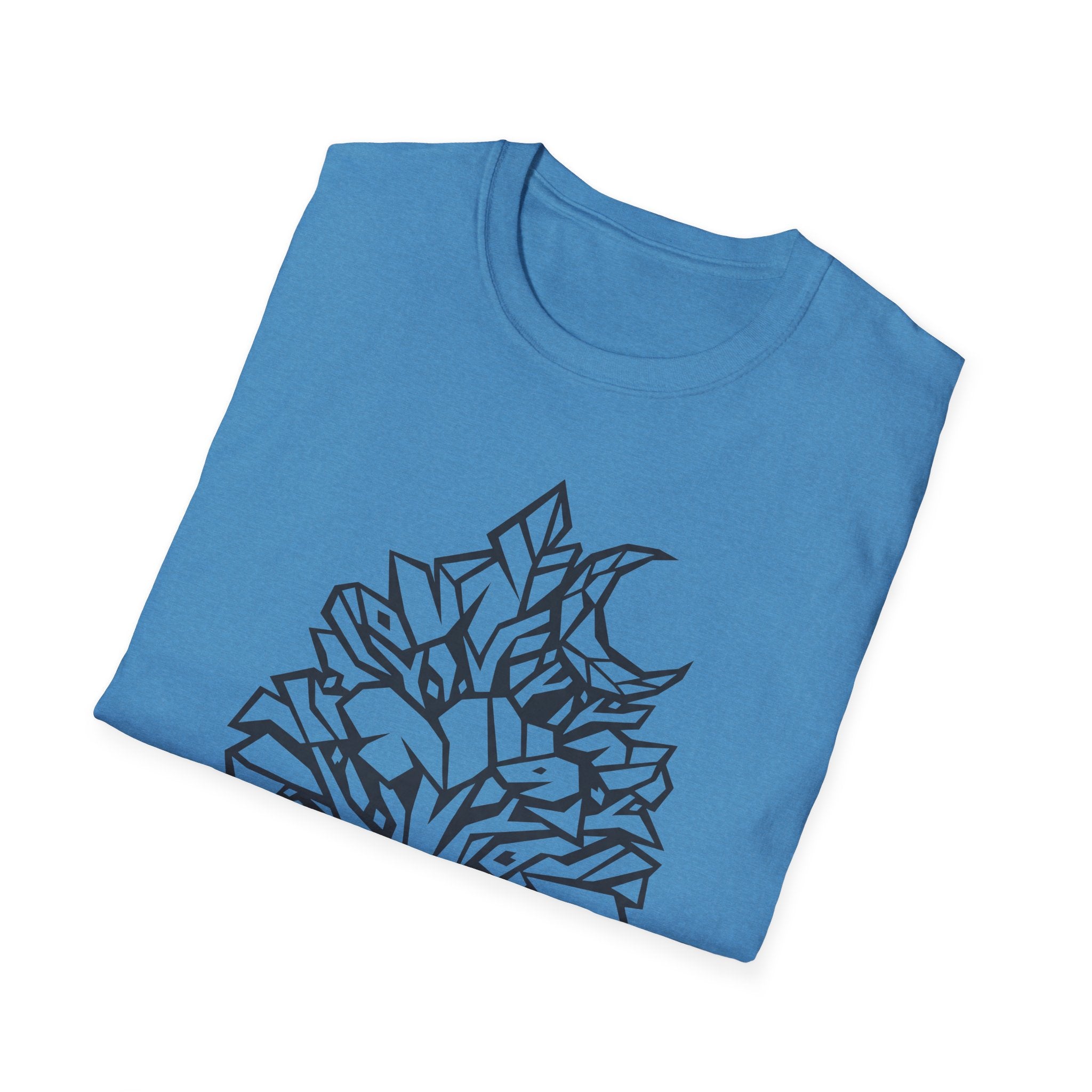 Blue T-shirt with geometric tree and moon botanical line-art graphic print