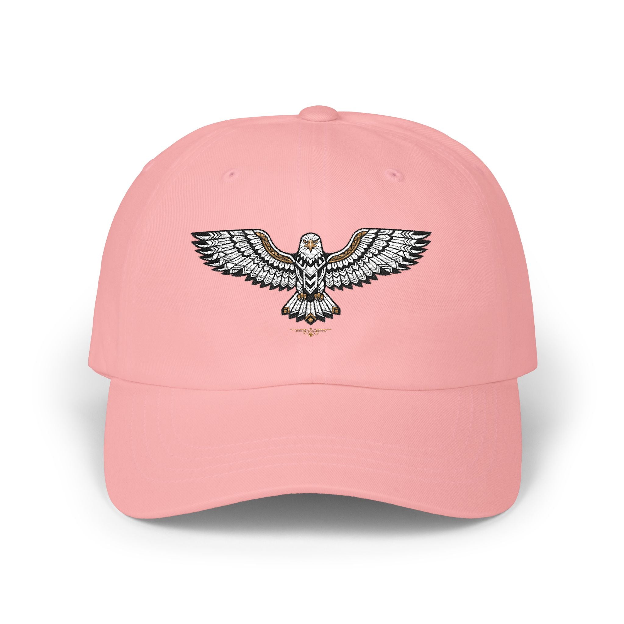 Pink dad cap with embroidered soaring eagle emblem on front panel