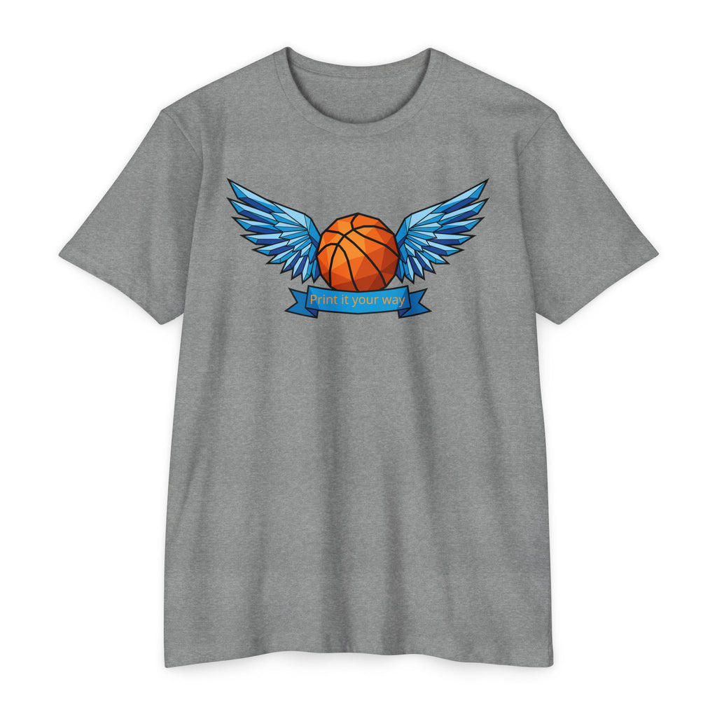 Heather gray t-shirt with winged basketball graphic and small banner print at center.