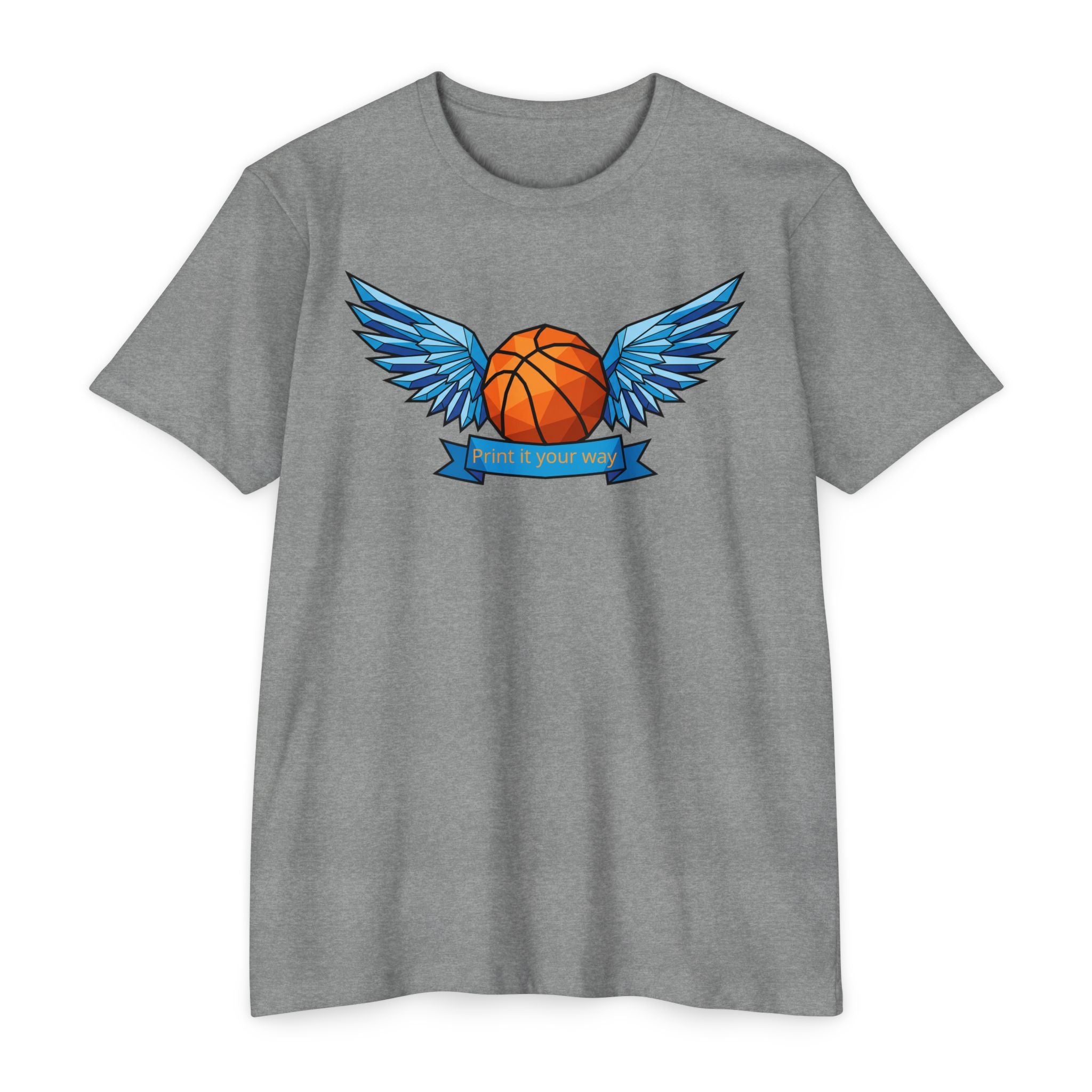 Heather gray t-shirt with winged basketball graphic and small banner print at center.