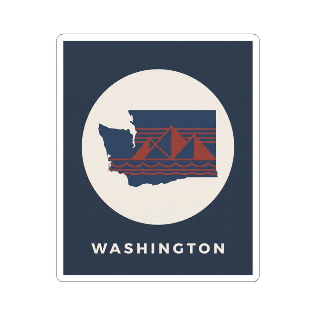 Washington graphic sticker, navy square with cream circle, red-striped bridge and WASHINGTON lettering