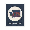 Washington graphic sticker, navy square with cream circle, red-striped bridge and WASHINGTON lettering