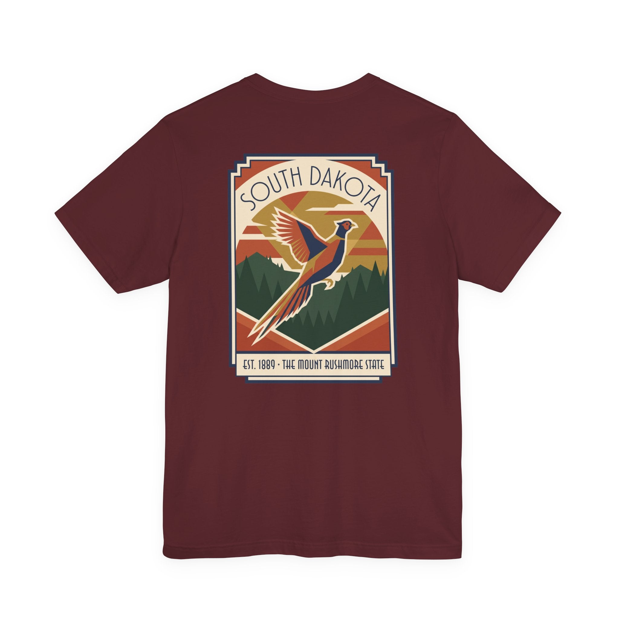Maroon graphic t-shirt with art deco pheasant badge logo on chest