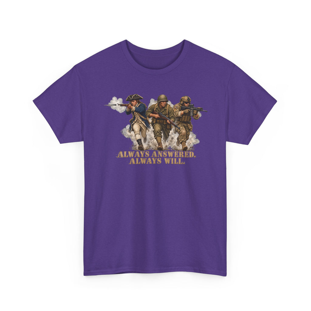 Purple graphic military T-shirt with soldier trio and 'Always Answered'/'Always Will' design