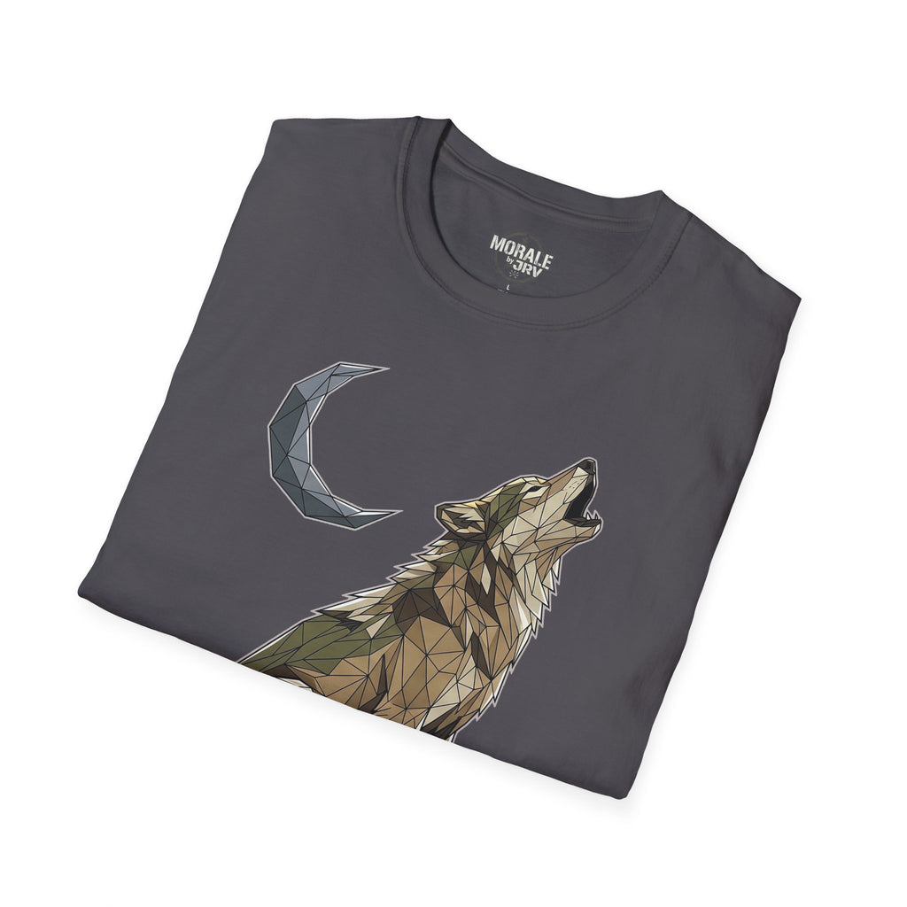 Charcoal T-shirt with geometric howling wolf and crescent moon graphic