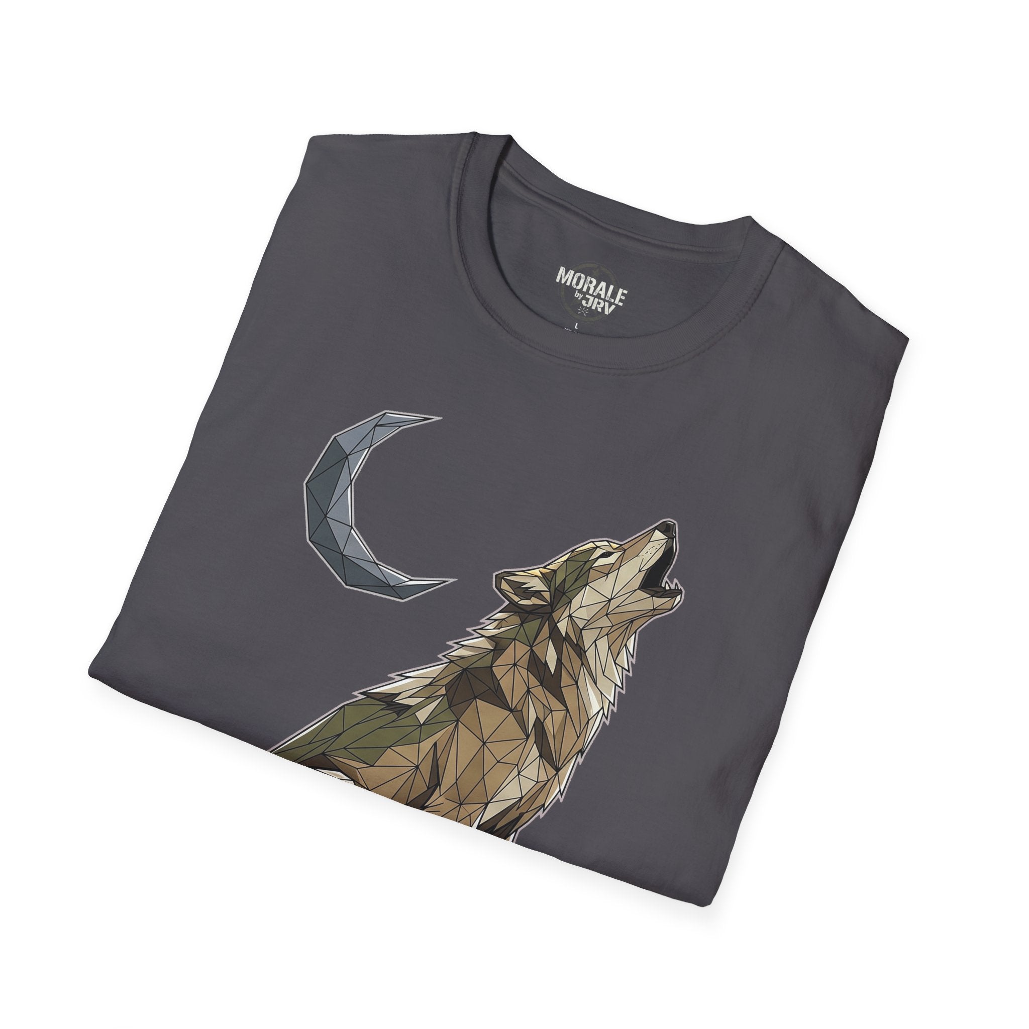 Charcoal T-shirt with geometric howling wolf and crescent moon graphic
