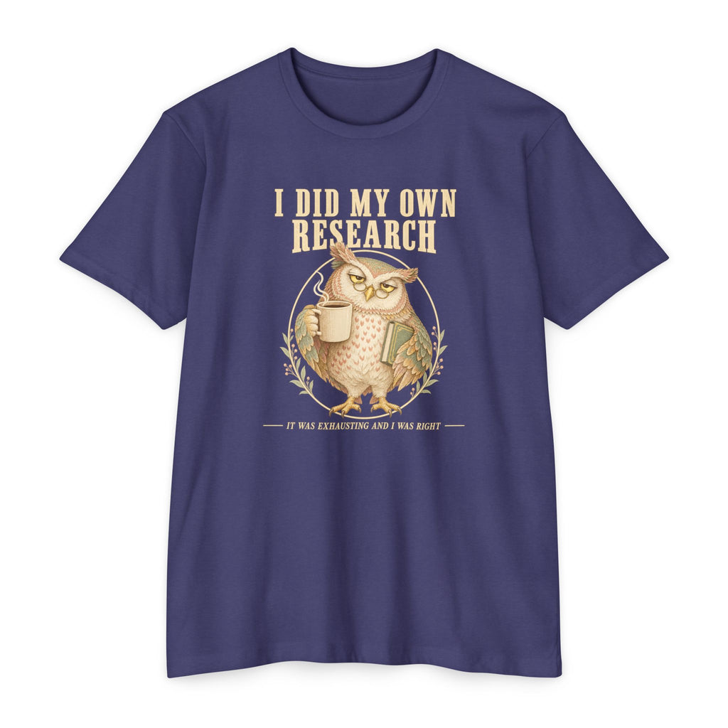 Crewneck T-shirt in navy with owl coffee mug graphic and 'I did my own research'
