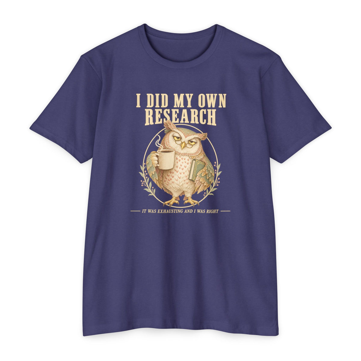 Crewneck T-shirt in navy with owl coffee mug graphic and 'I did my own research'