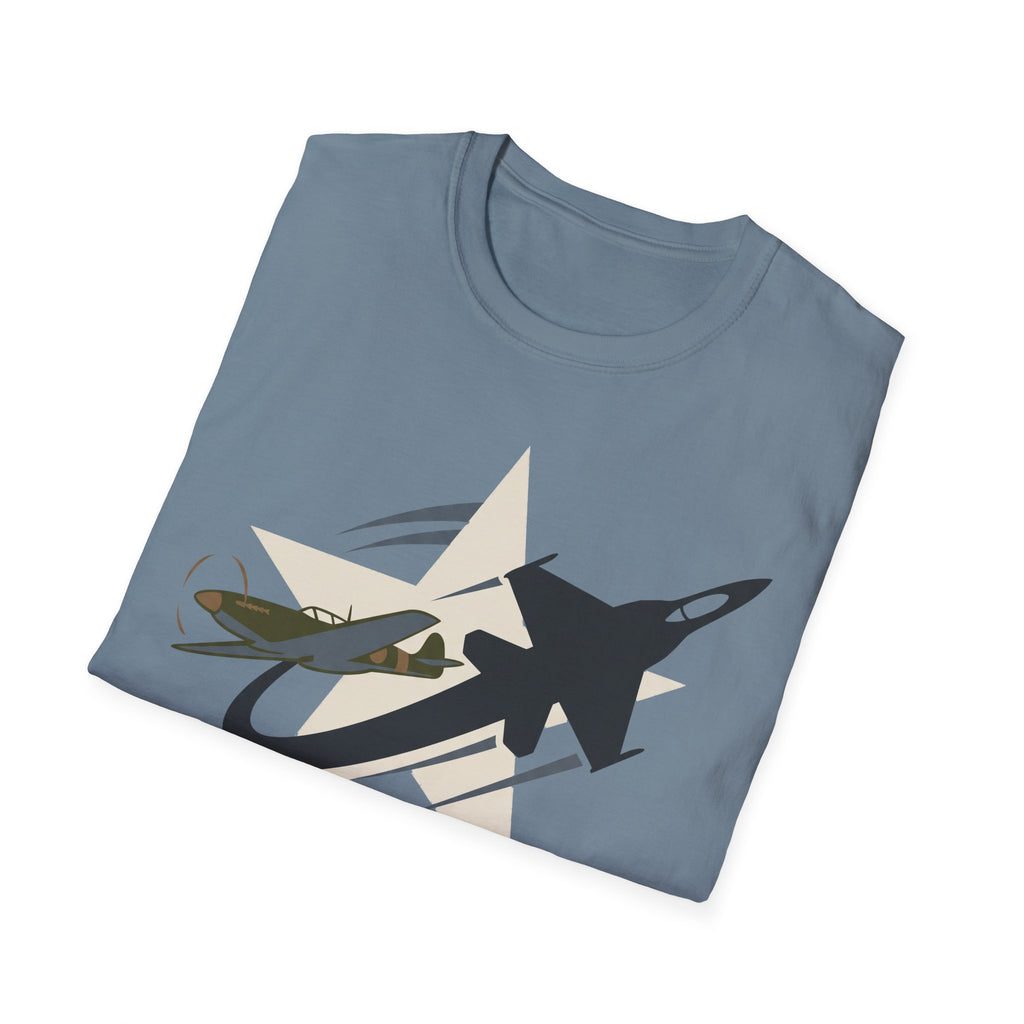 Light blue aviation T-shirt with jet-and-star graphic on front