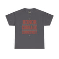 Charcoal crew-neck T-shirt with HONOR COURAGE COMMITMENT graphic and stars