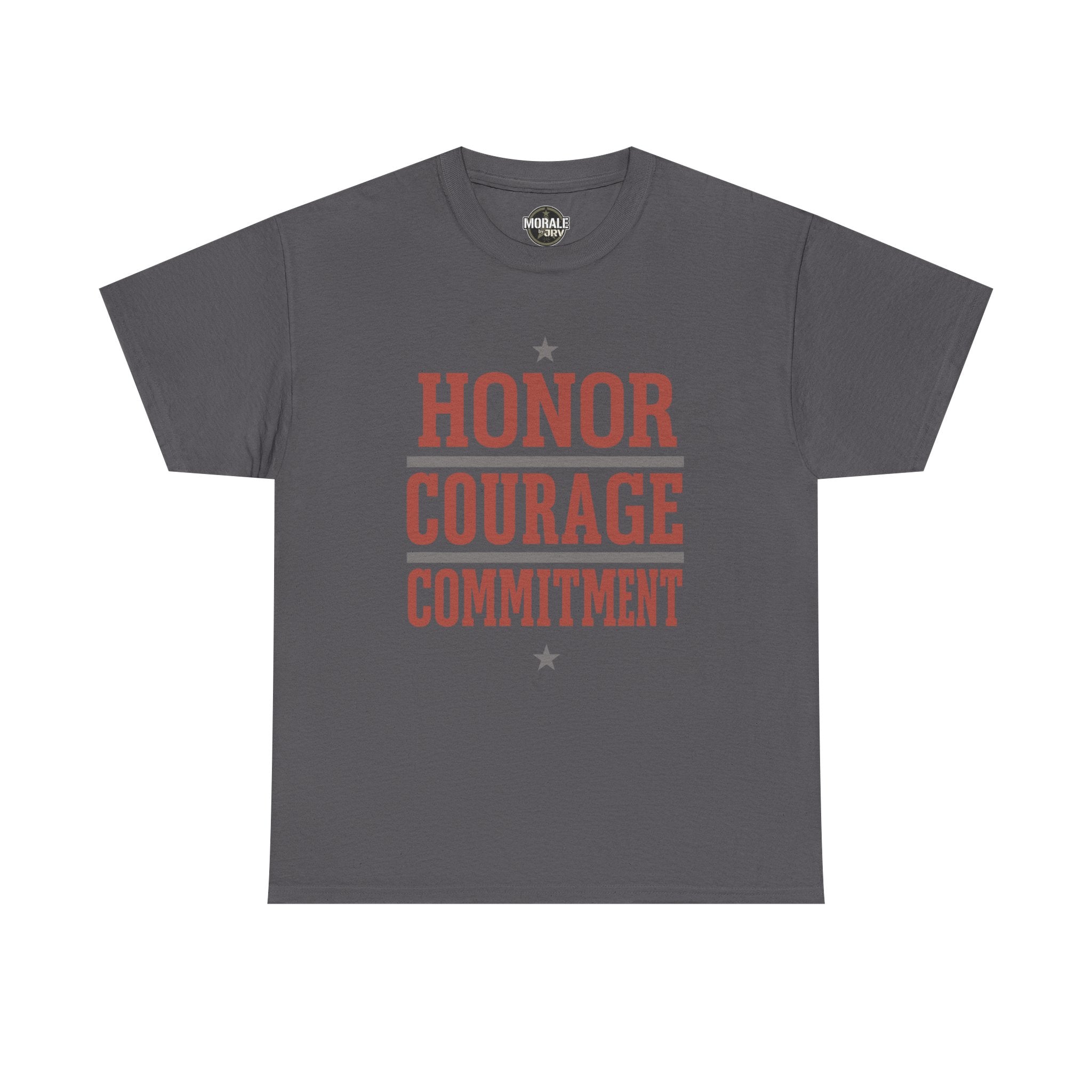 Charcoal crew-neck T-shirt with HONOR COURAGE COMMITMENT graphic and stars