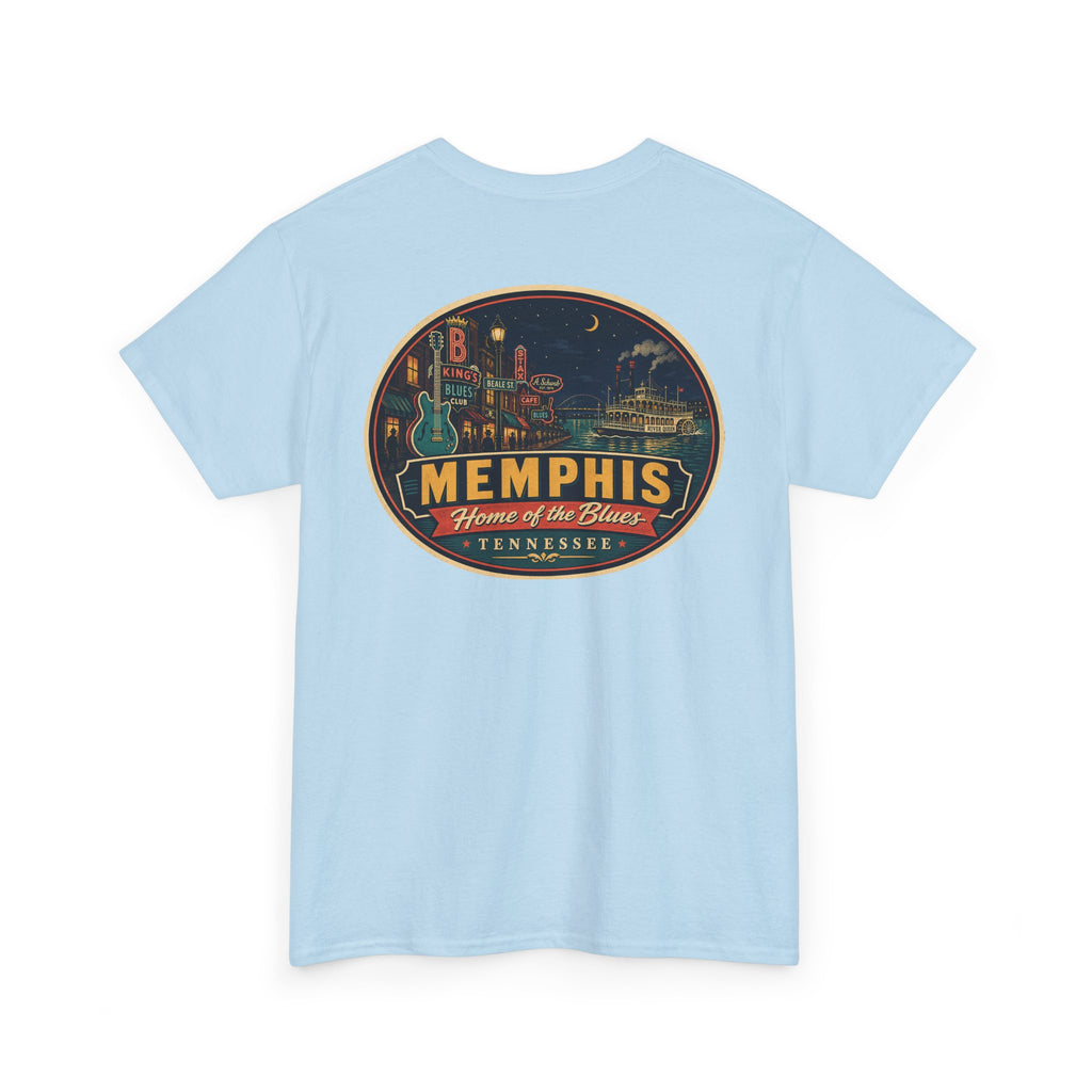 Light blue crewneck T-shirt with Memphis luggage-tag skyline graphic logo
