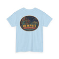 Light blue crewneck T-shirt with Memphis luggage-tag skyline graphic logo