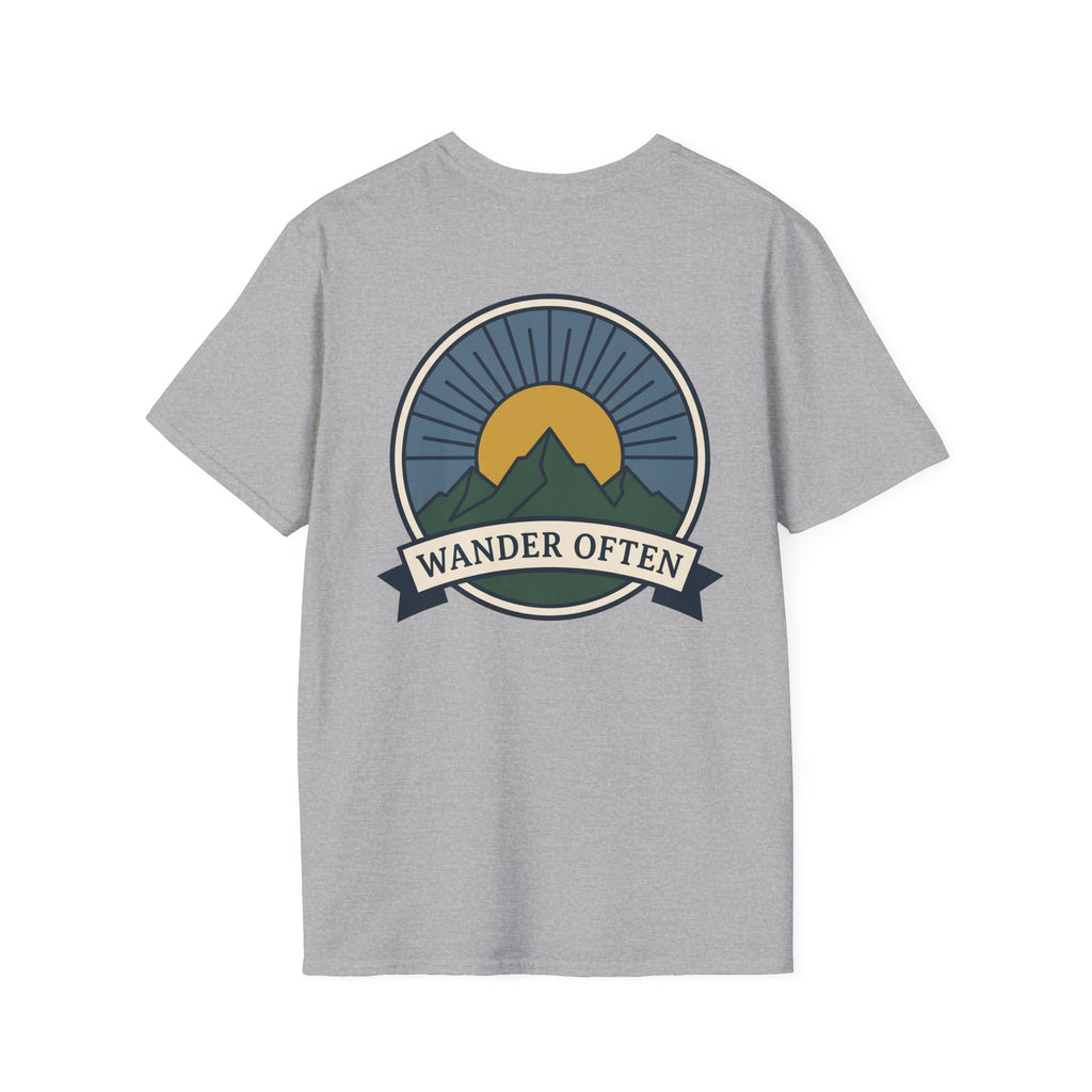 Sport gray unisex T-shirt with Wander Often mountain badge emblem centered.