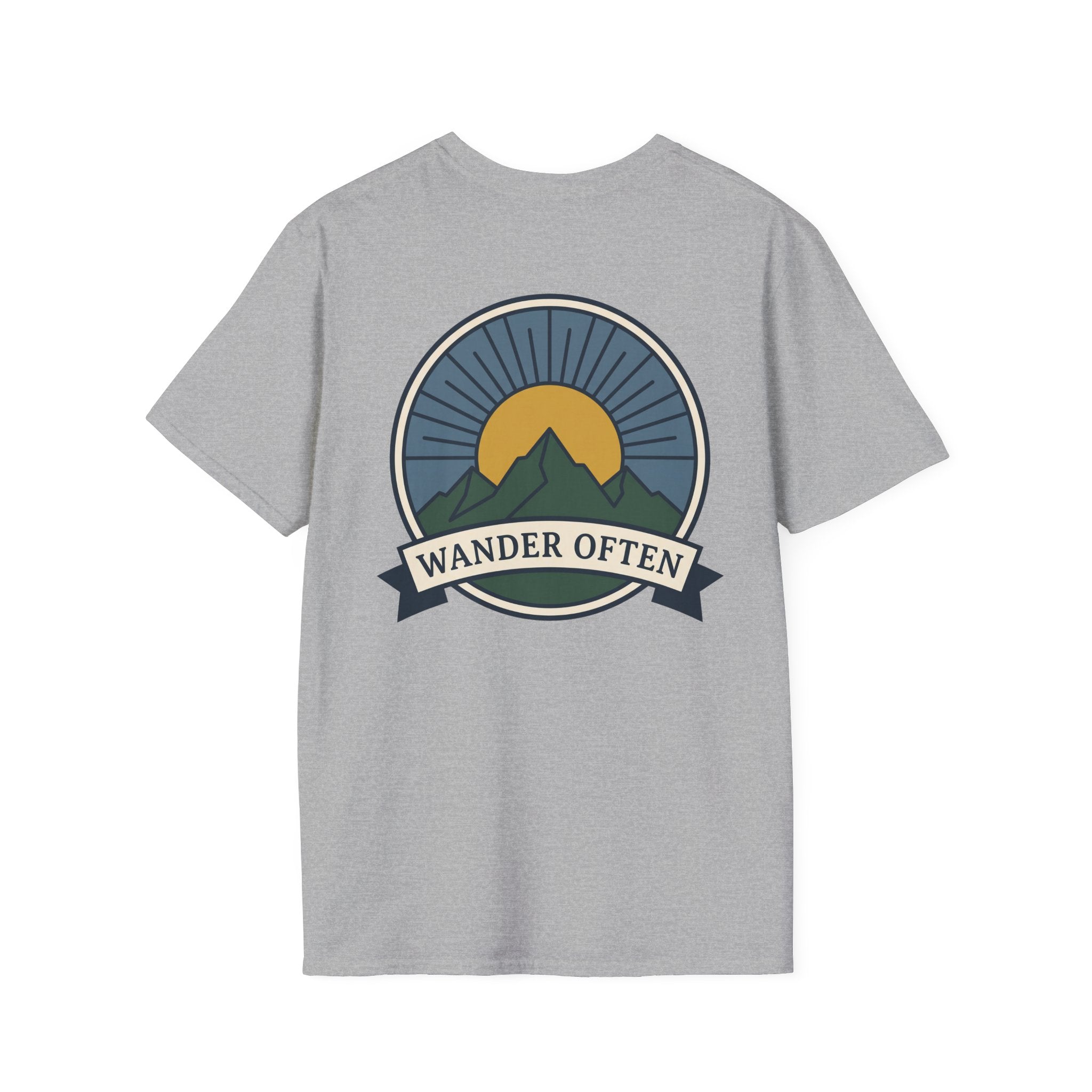 Sport gray unisex T-shirt with Wander Often mountain badge emblem centered.