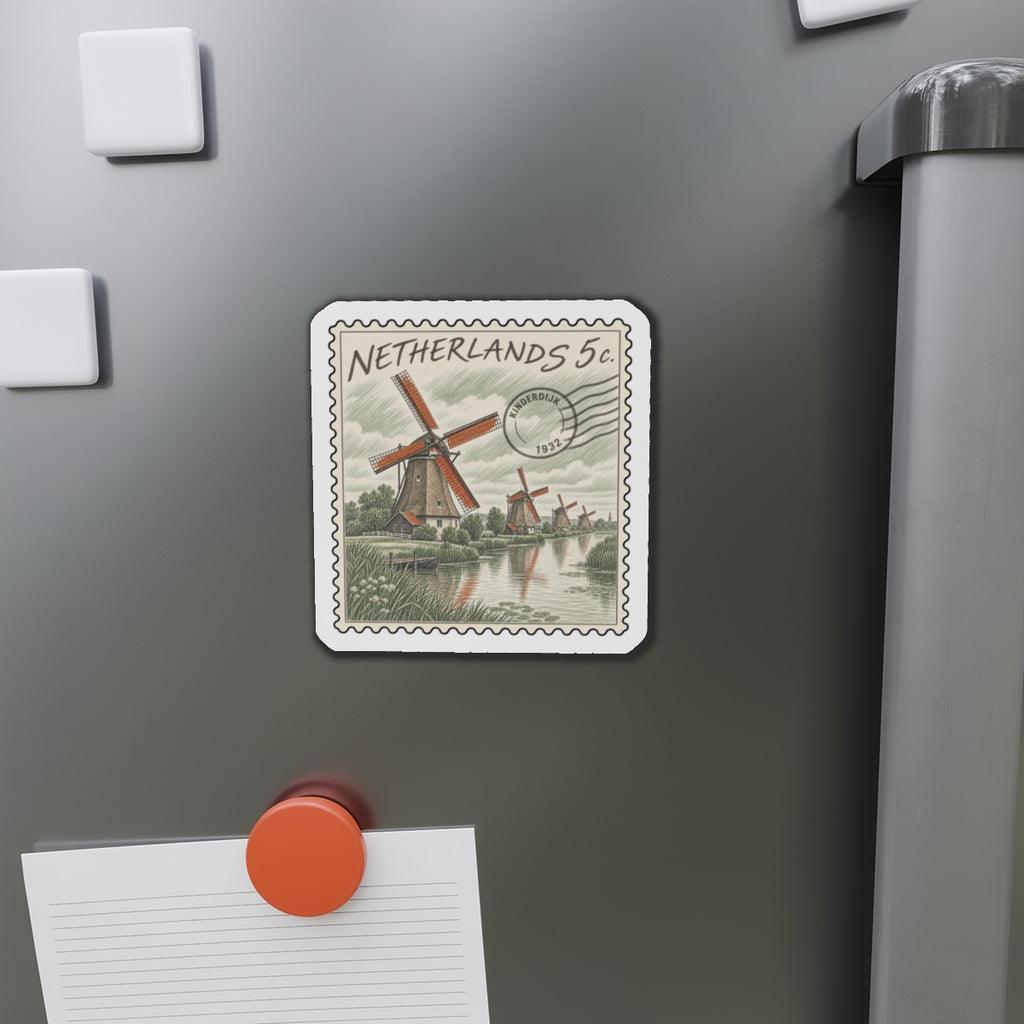 Die-cut Netherlands 5c stamp magnet on fridge door with windmills and canal scene