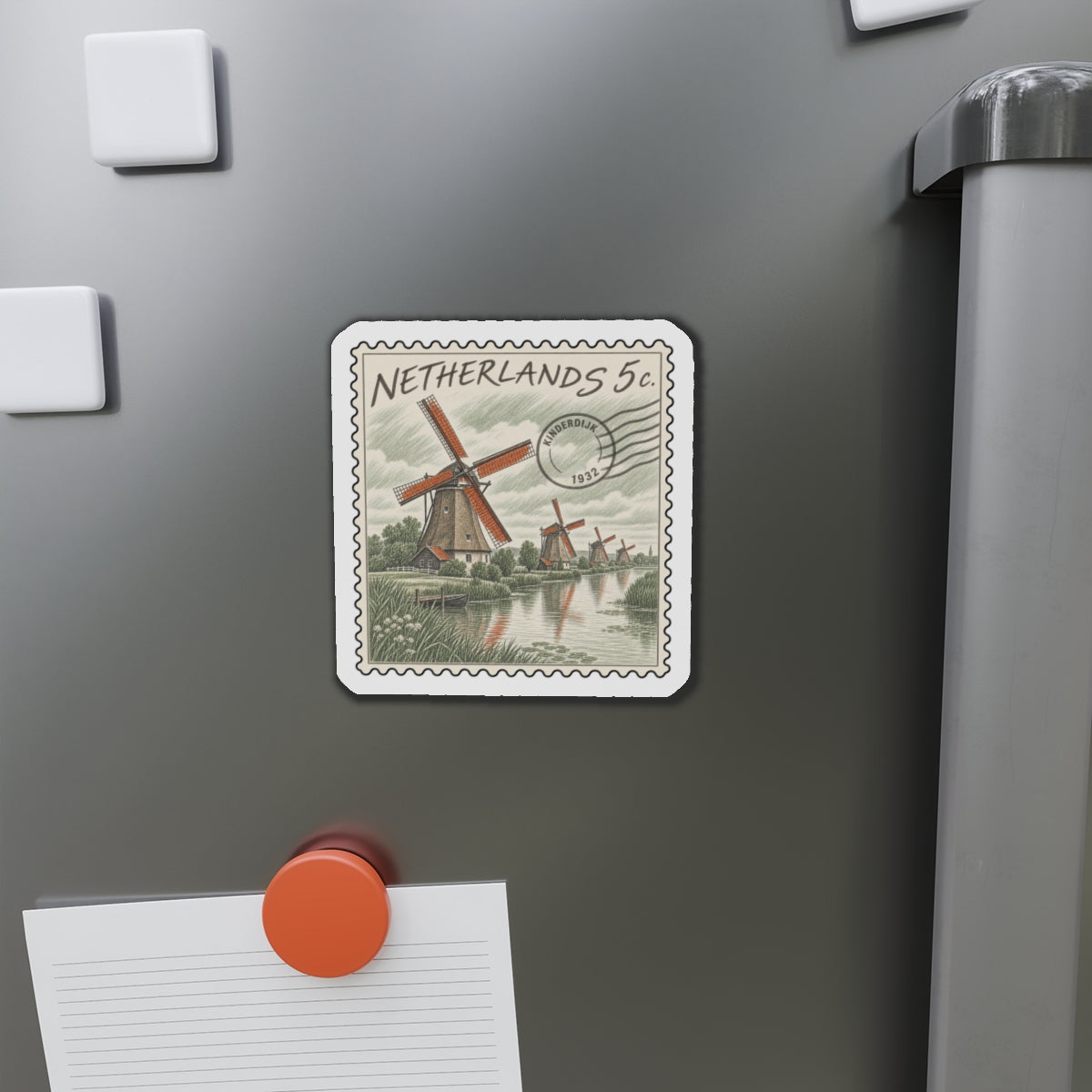 Die-cut Netherlands 5c stamp magnet on fridge door with windmills and canal scene