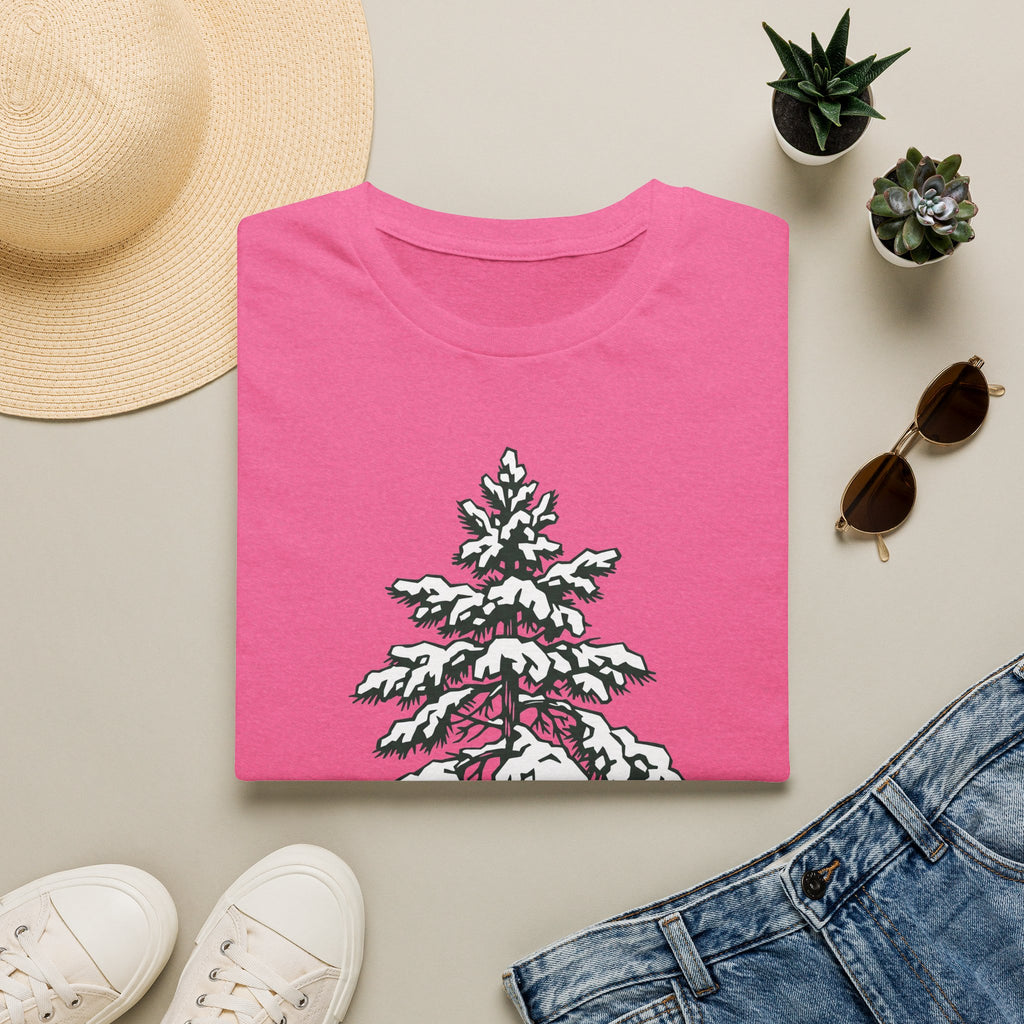 Pink crew-neck t-shirt with snowy pine tree graphic on the front